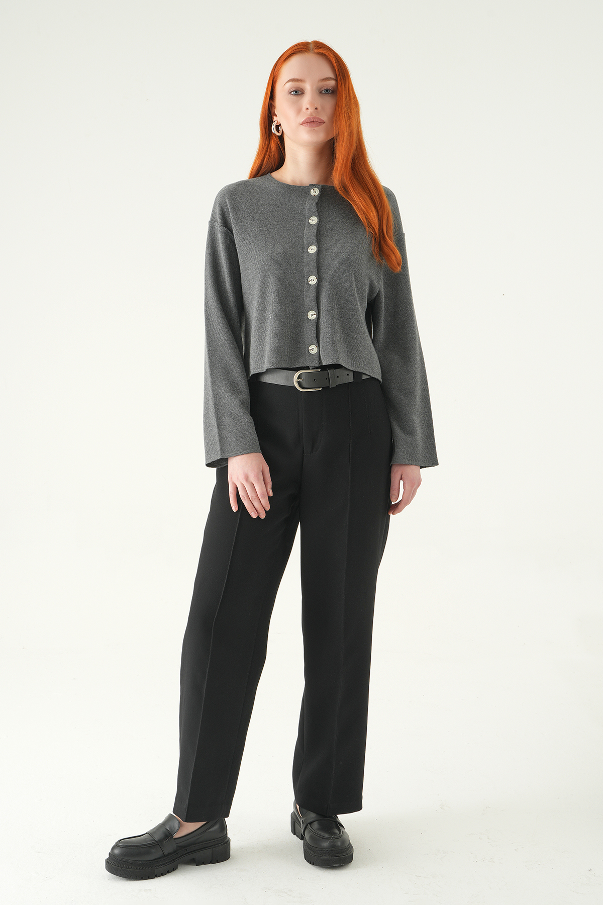 Antrasit Düğmeli Bisiklet Yaka Bluz 8273A - 3