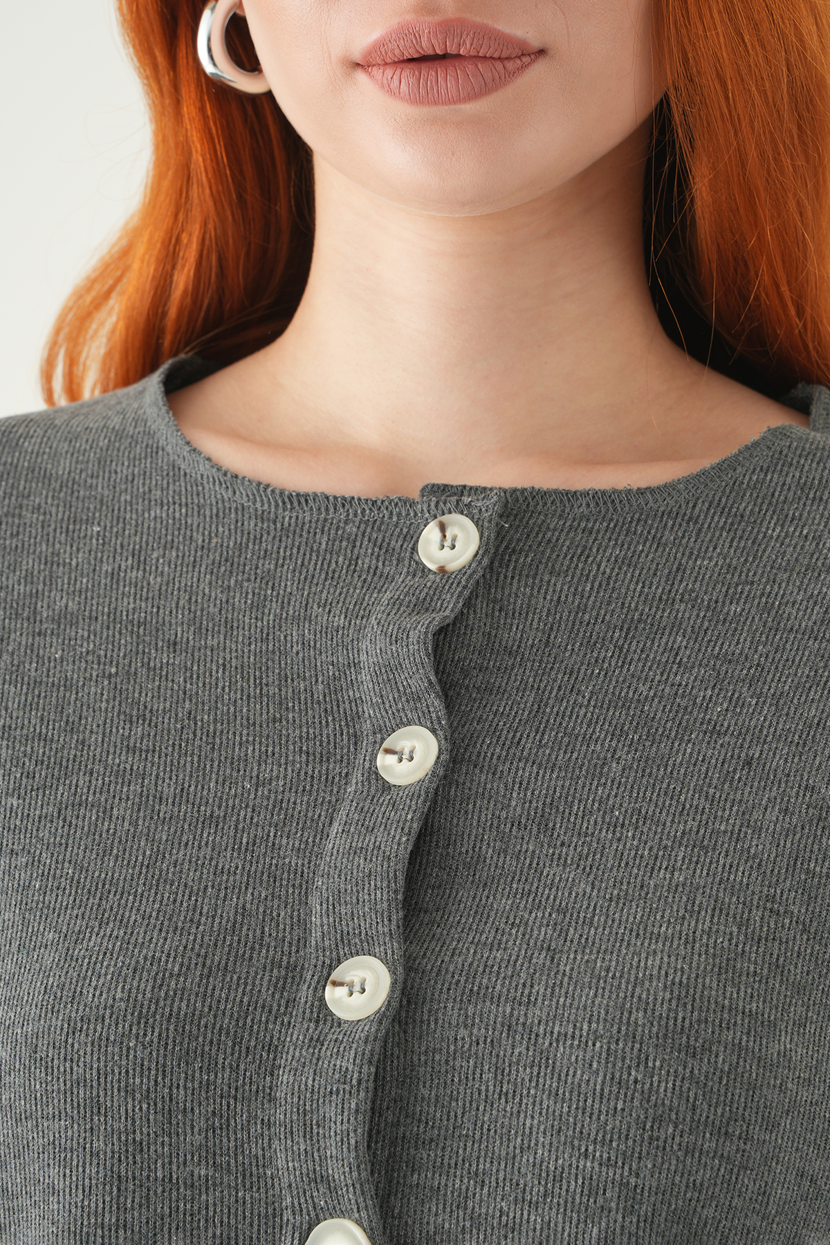 Antrasit Düğmeli Bisiklet Yaka Bluz 8273A - 4