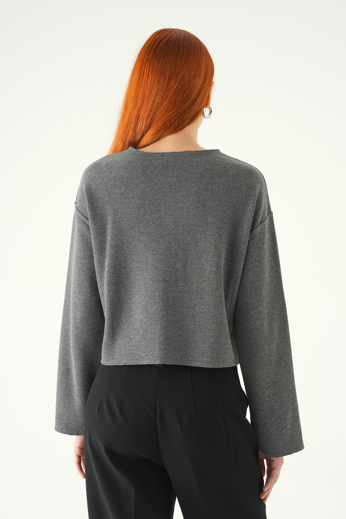 Antrasit Düğmeli Bisiklet Yaka Bluz 8273A - 5