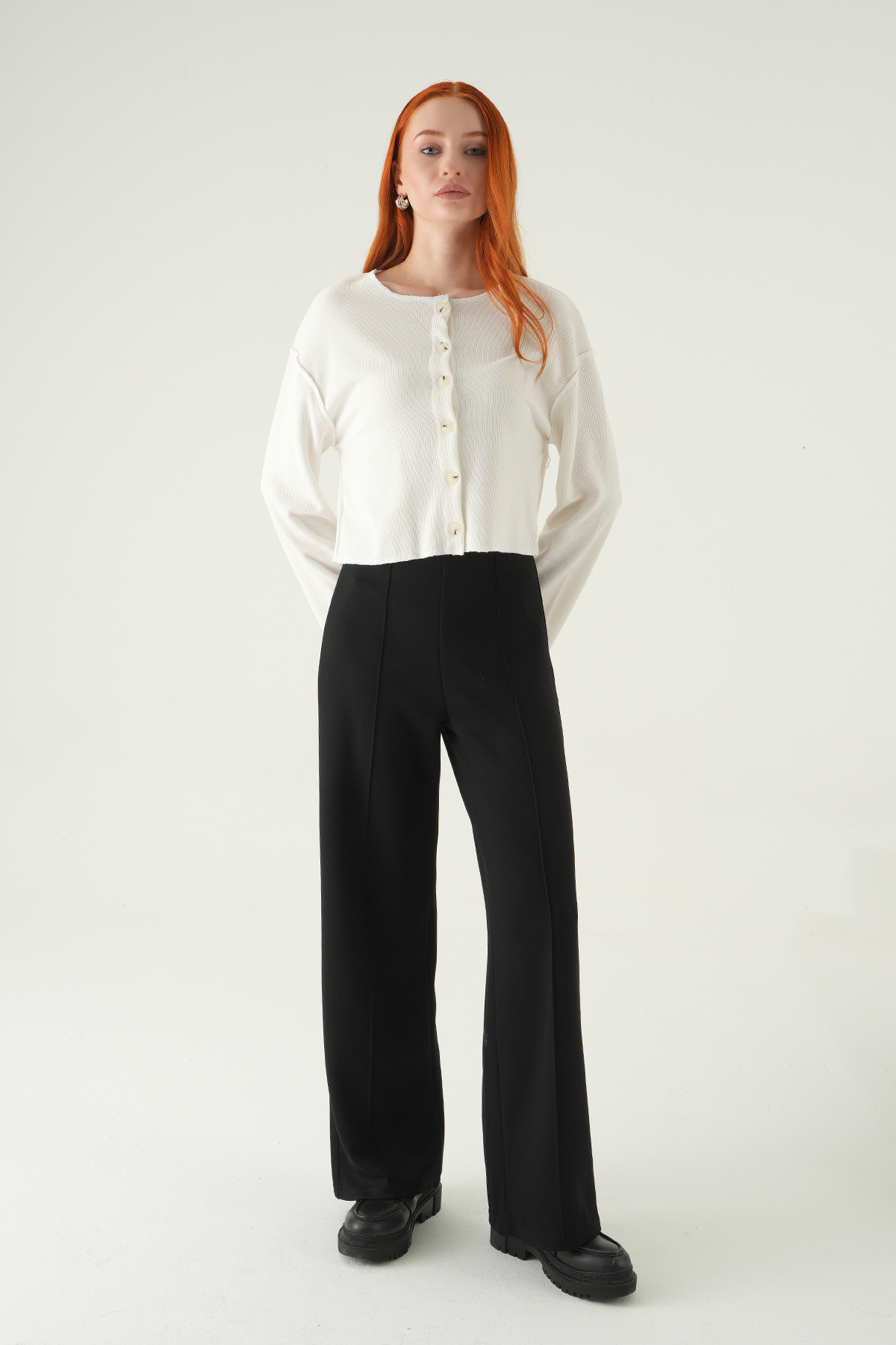 Ekru Düğmeli Bisiklet Yaka Bluz 8273A - 3