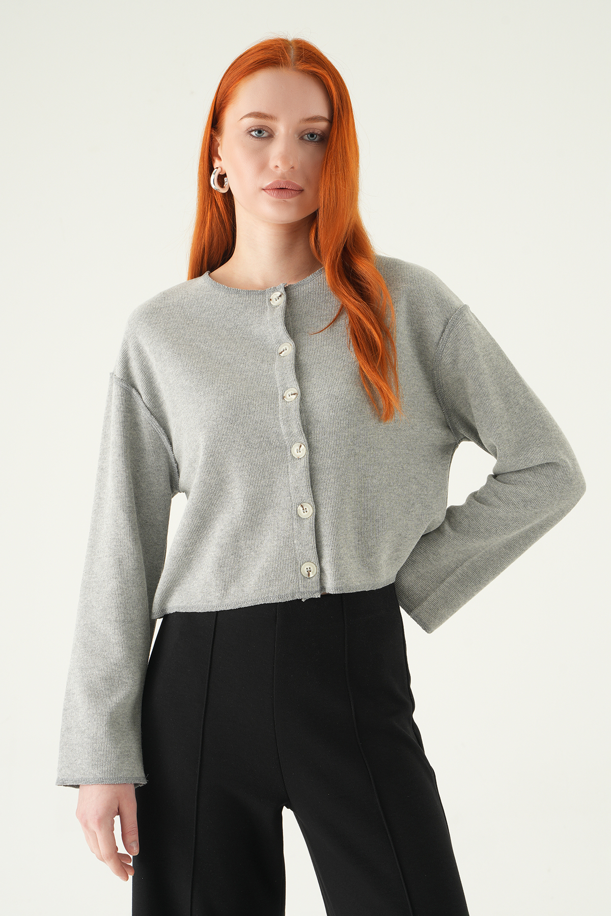 Gri Düğmeli Bisiklet Yaka Bluz 8273A - 2