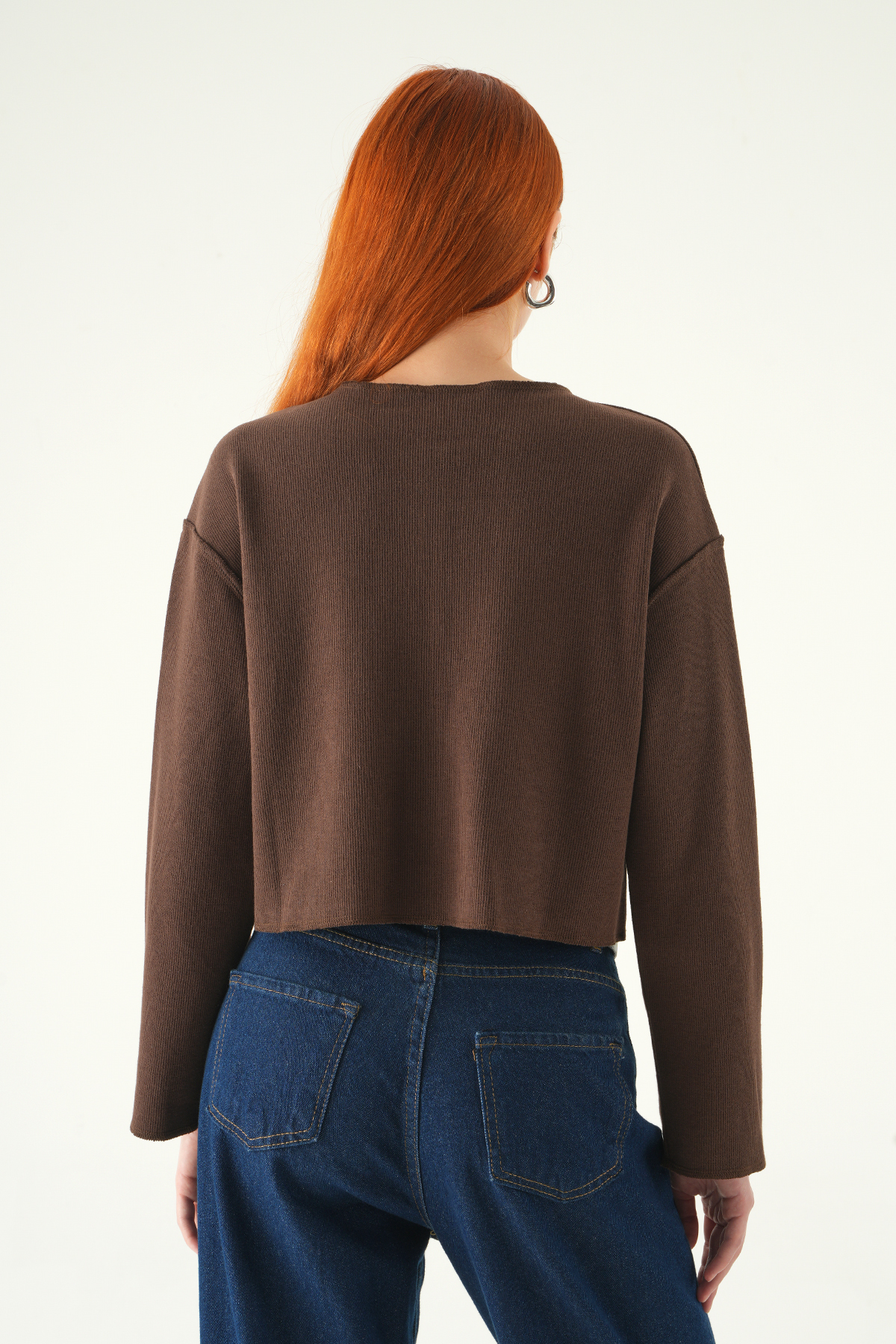 Kahve Düğmeli Bisiklet Yaka Bluz 8273A - 5