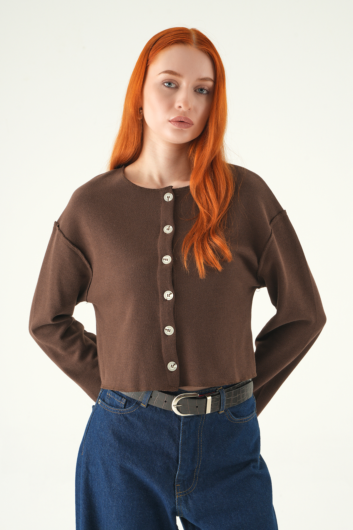 Kahve Düğmeli Bisiklet Yaka Bluz 8273A - 6