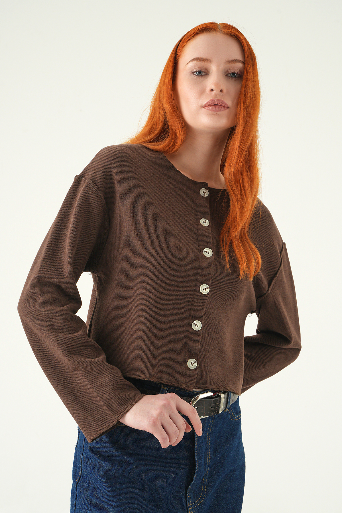Kahve Düğmeli Bisiklet Yaka Bluz 8273A - 7