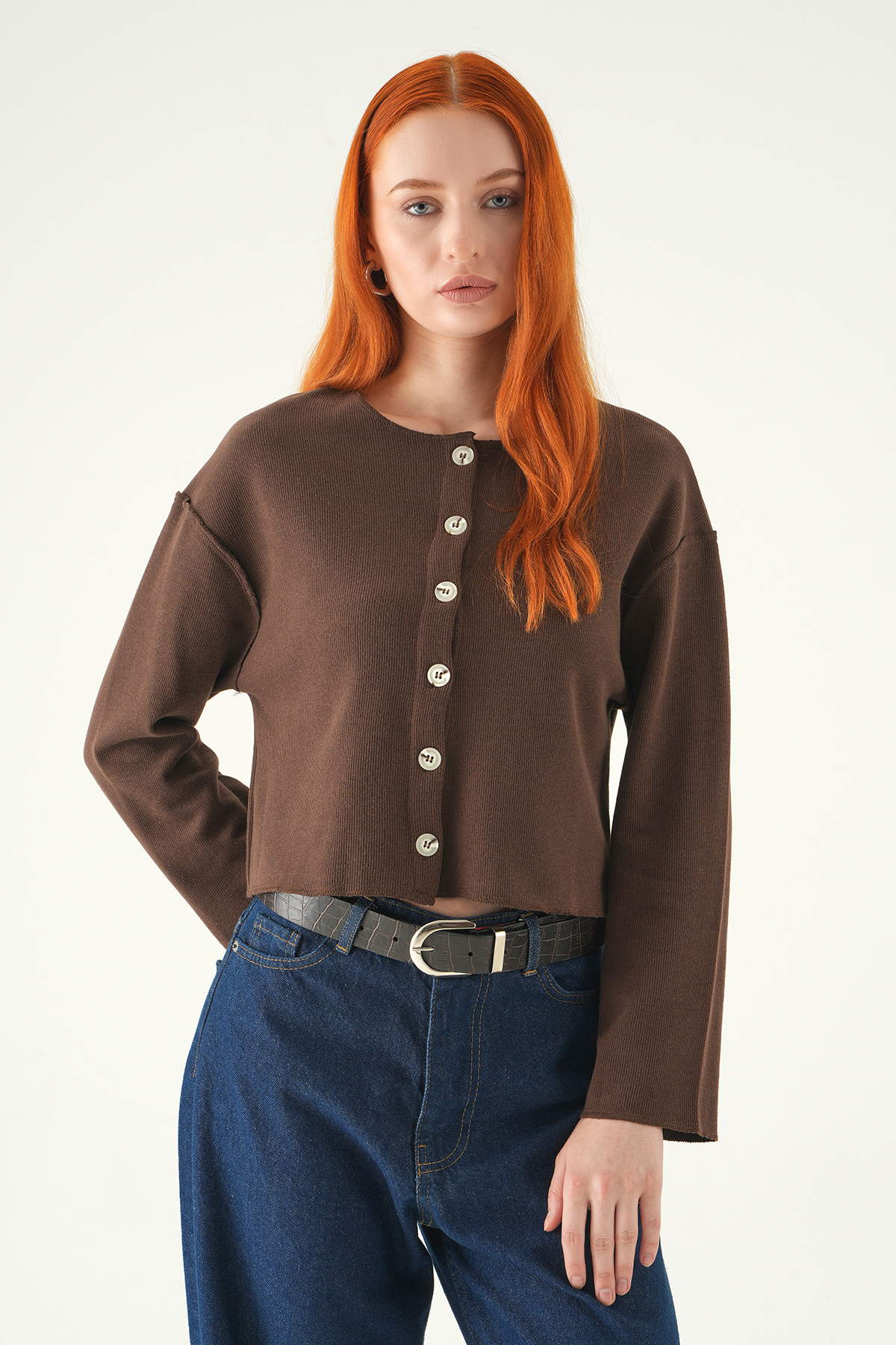 Kahve Düğmeli Bisiklet Yaka Bluz 8273A - RAYS