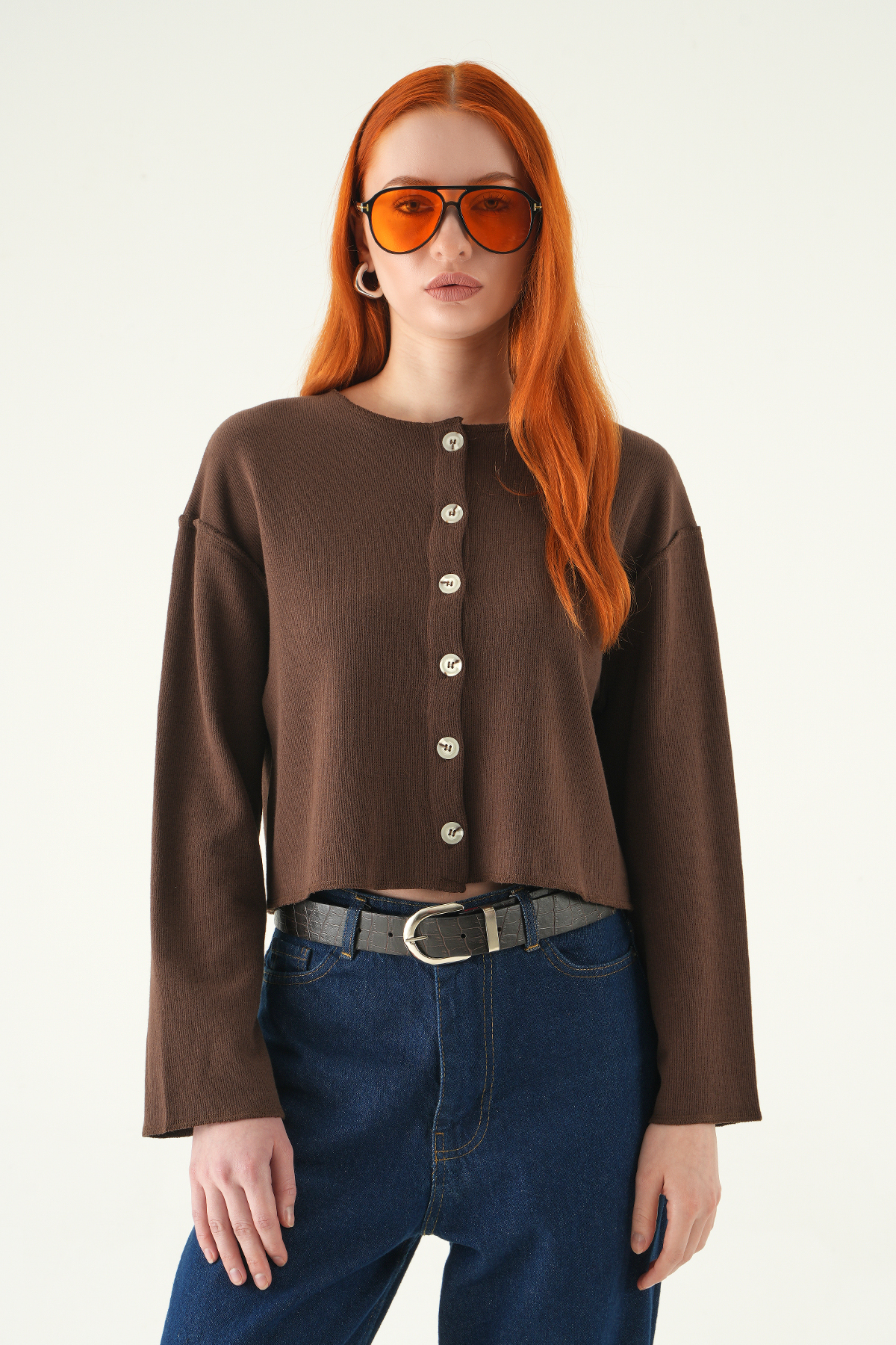 Kahve Düğmeli Bisiklet Yaka Bluz 8273A - RAYS
