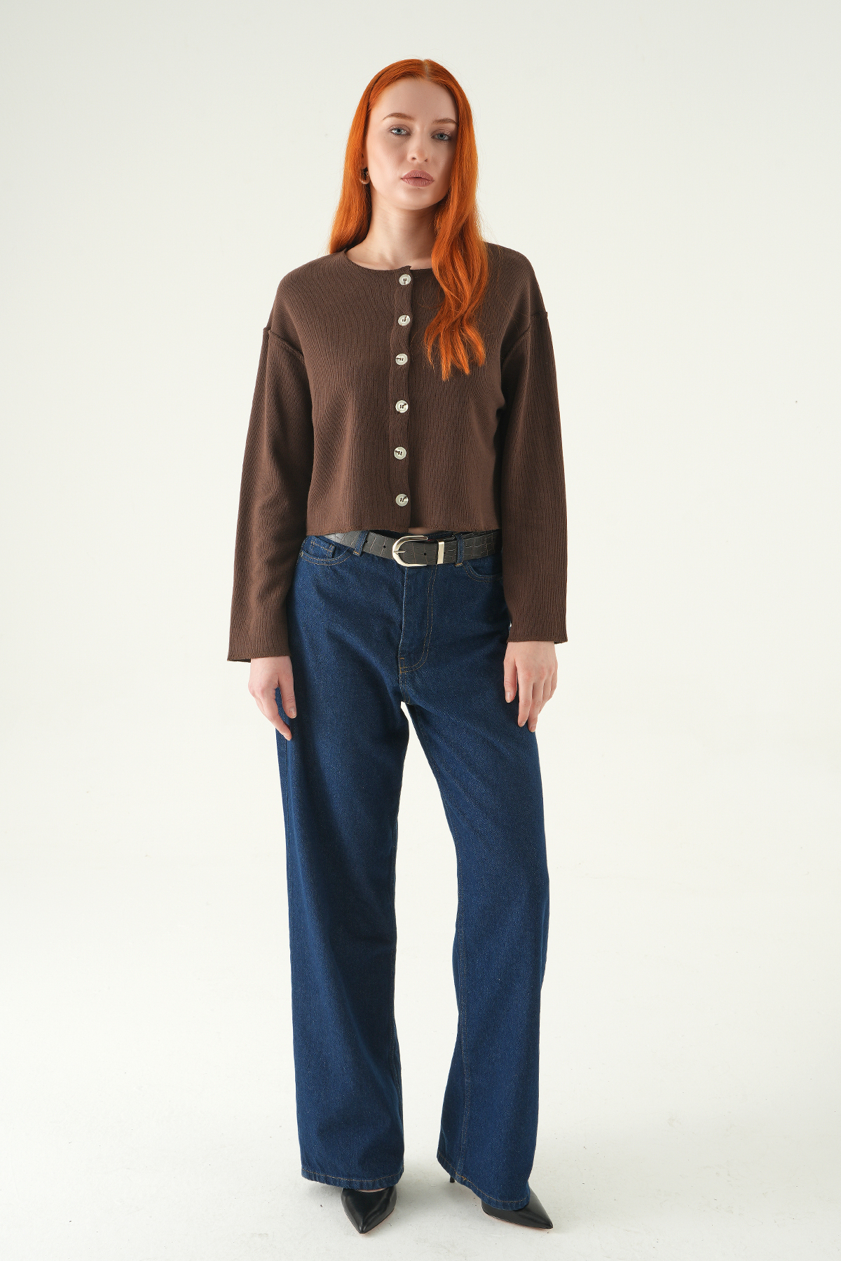 Kahve Düğmeli Bisiklet Yaka Bluz 8273A - RAYS