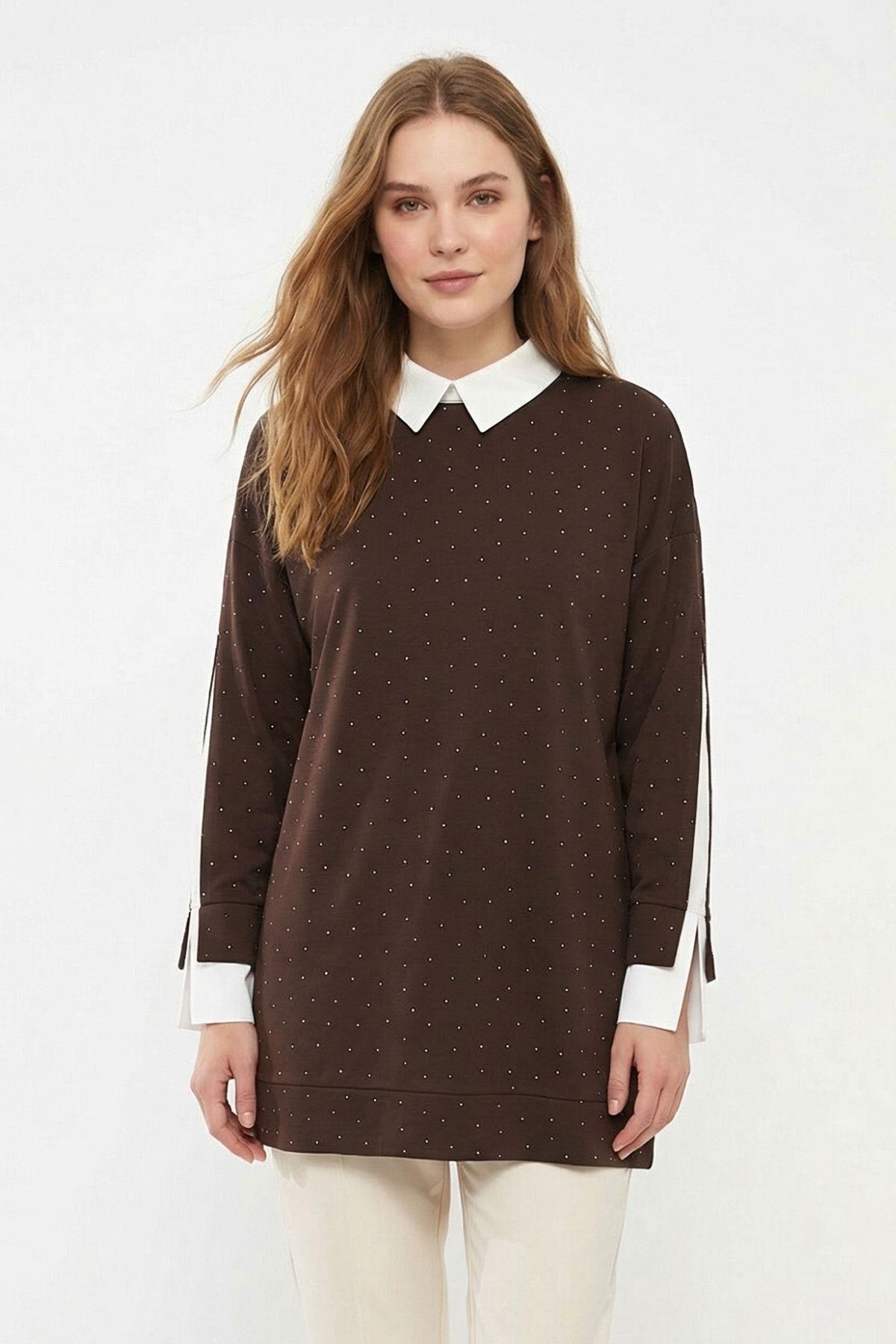 Acı Kahve Gömlek Yaka Taşlı Kol Detay Tunik 8274 - RAYS (1)