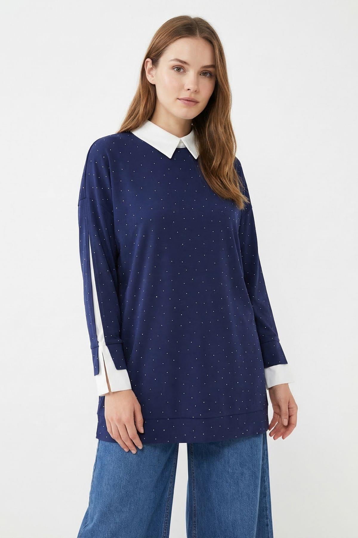 8274 Gömlek Yaka Taşlı Kol Detay Tunik Laci - RAYS