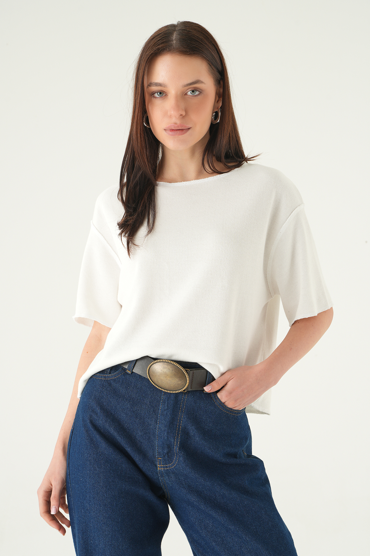 Ekru Bisiklet Yaka Kısa Kol Bluz 8274A 