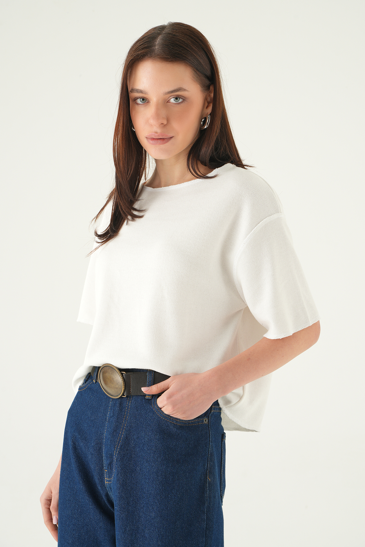 Ekru Bisiklet Yaka Kısa Kol Bluz 8274A - 2