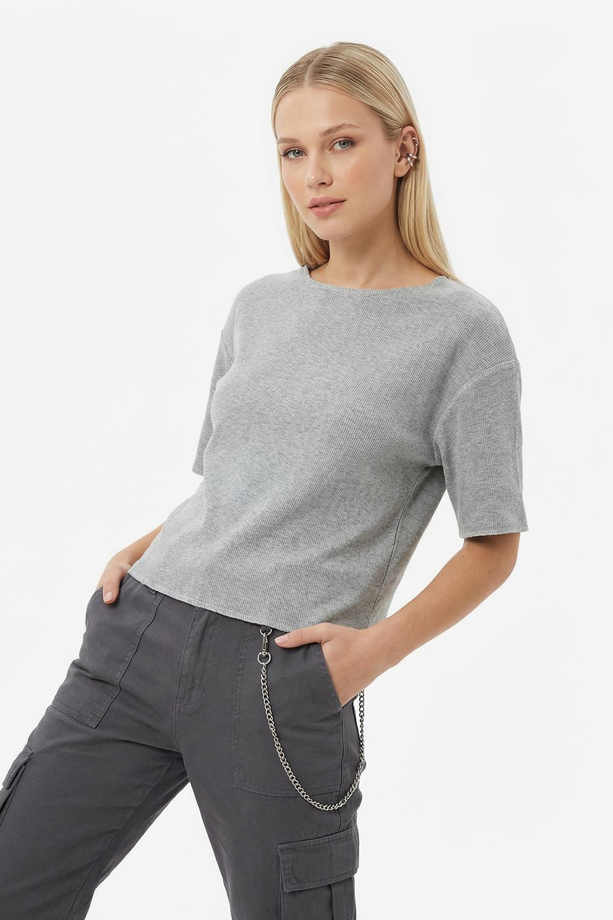 8274A Bisiklet Yaka Kısa Kol Tişört Gri - RAYS