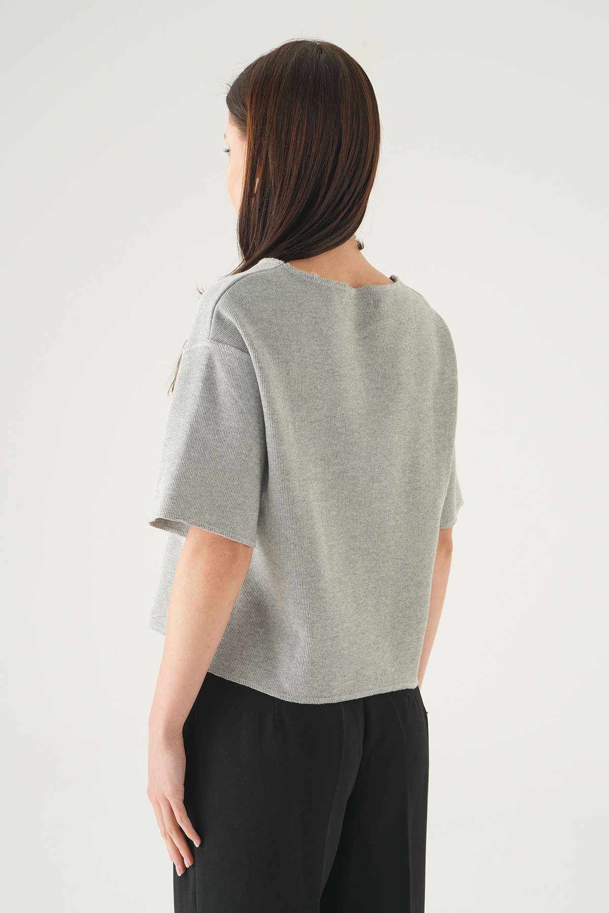 Gri Bisiklet Yaka Kısa Kol Bluz 8274A - 5