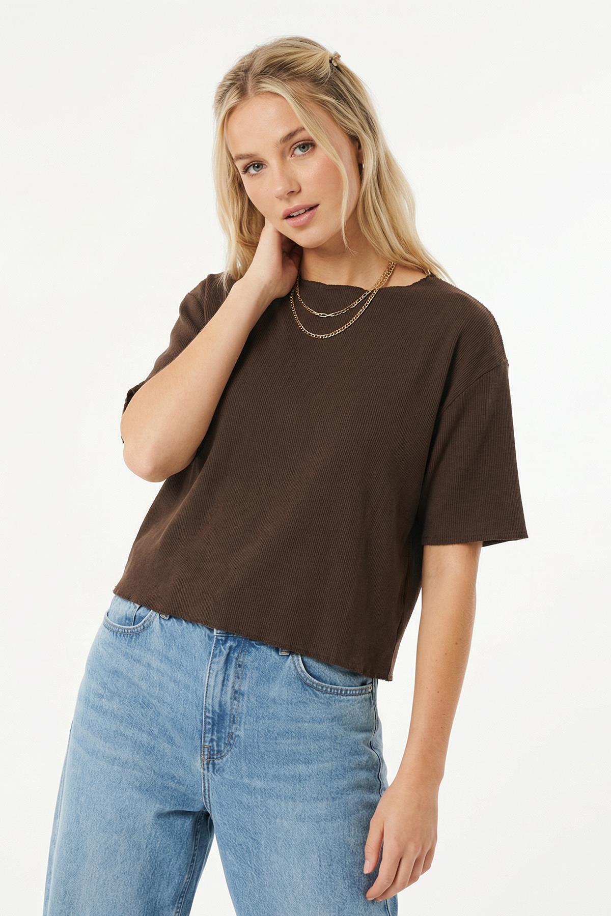 8274A Bisiklet Yaka Kısa Kol Tişört Kahve - RAYS