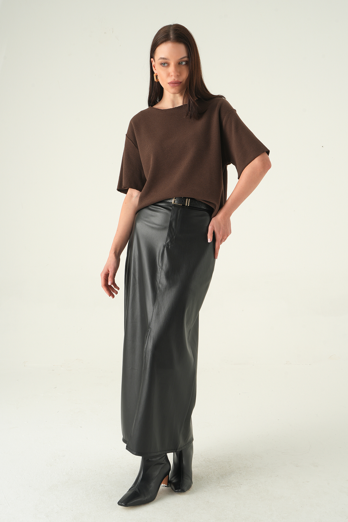 8274A Bisiklet Yaka Kısa Kol Tişört Kahve - 3