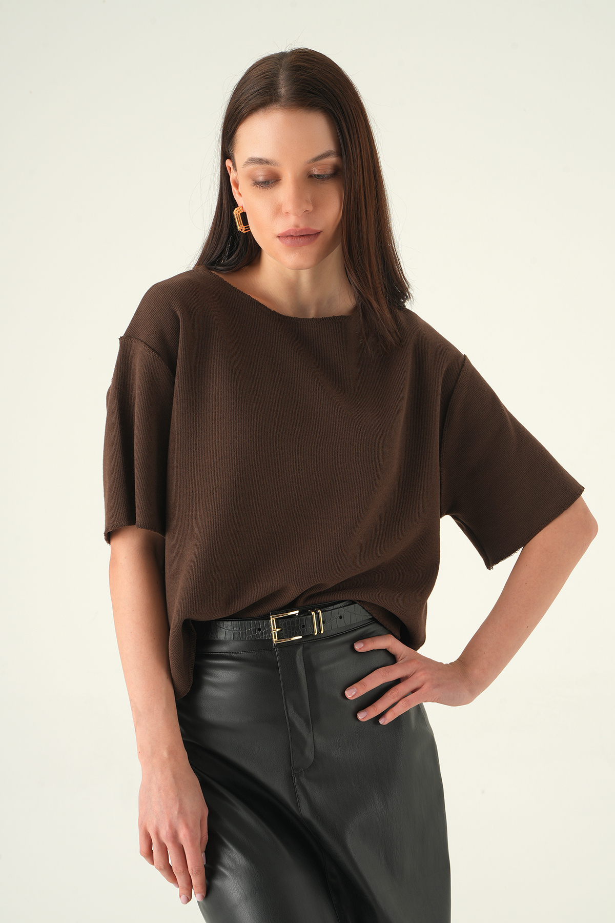 Kahve Bisiklet Yaka Kısa Kol Bluz 8274A - 6