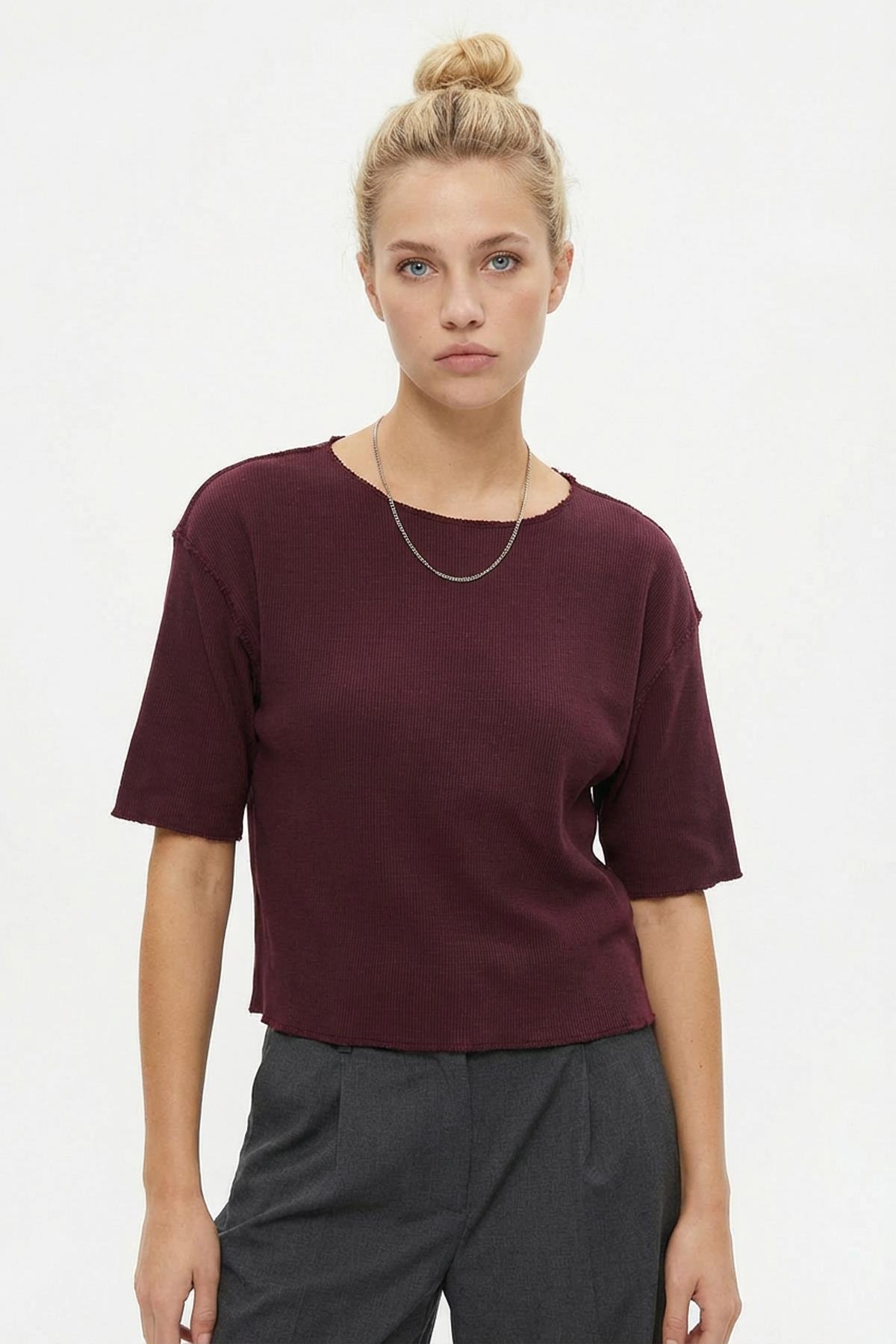 8274A Bisiklet Yaka Kısa Kol Tişört Mürdüm - 1