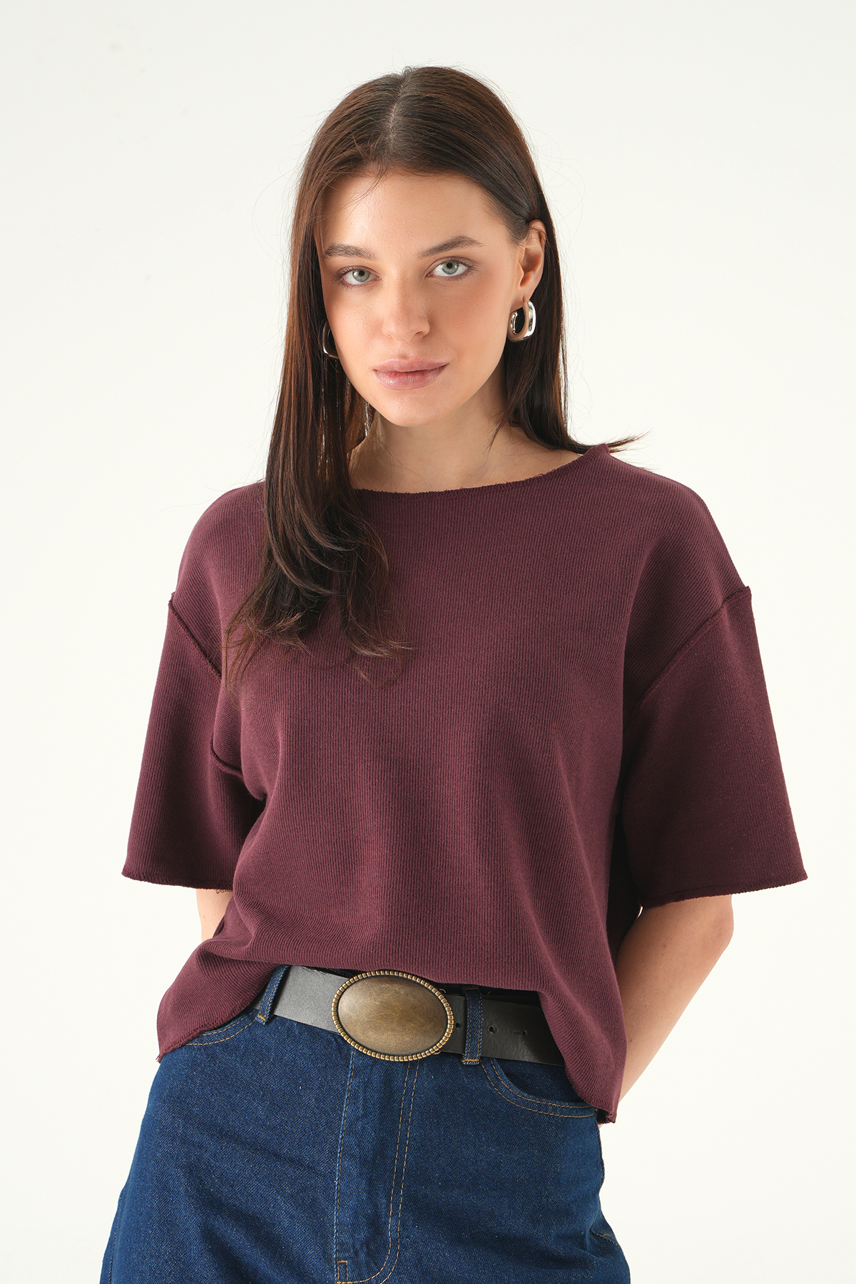 8274A Bisiklet Yaka Kısa Kol Tişört Mürdüm - 2