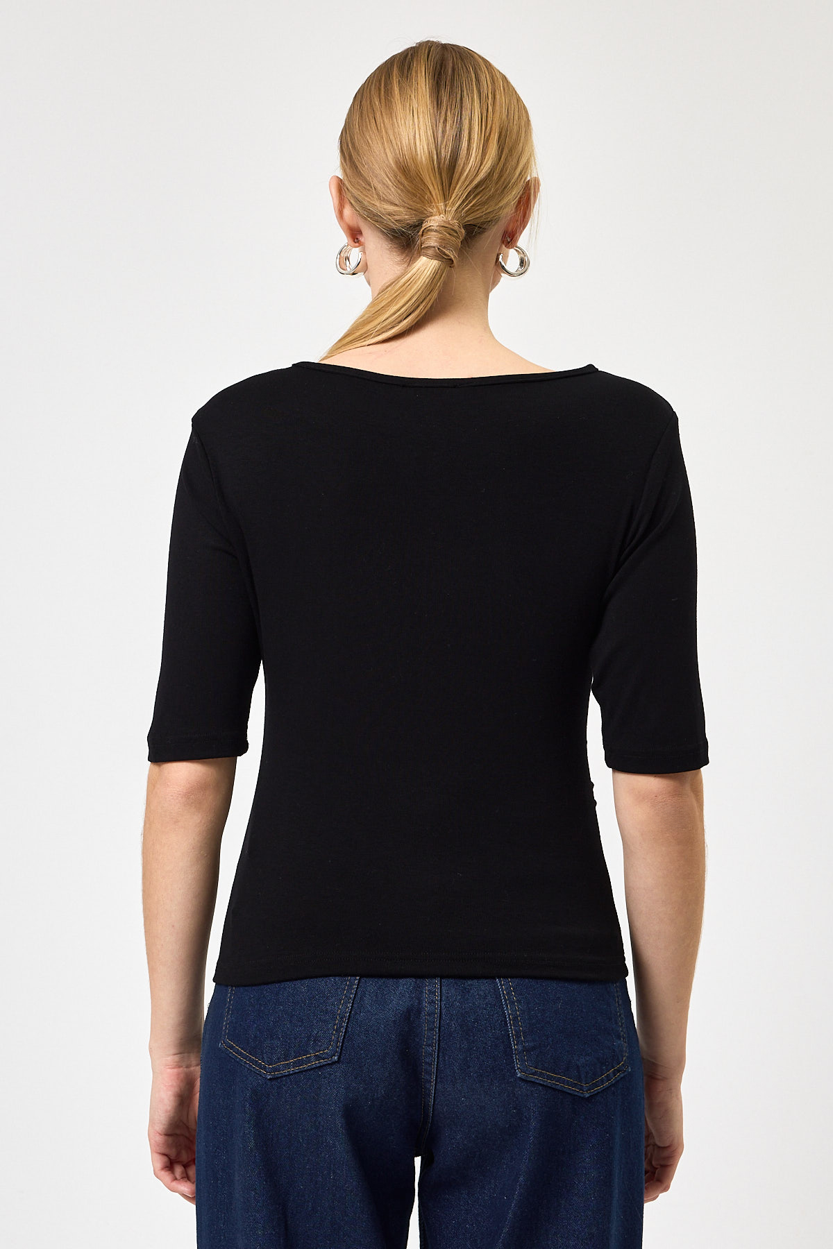Siyah Bisiklet Yaka Ön Büzgülü Bluz 8279A - 5