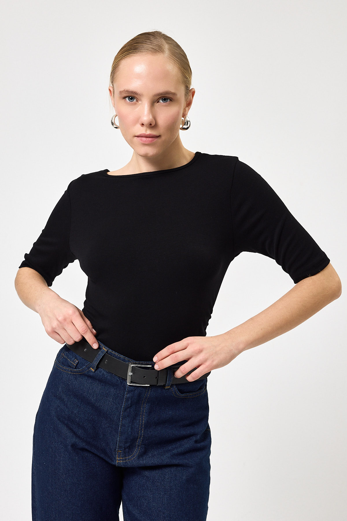 Siyah Bisiklet Yaka Ön Büzgülü Bluz 8279A - 6