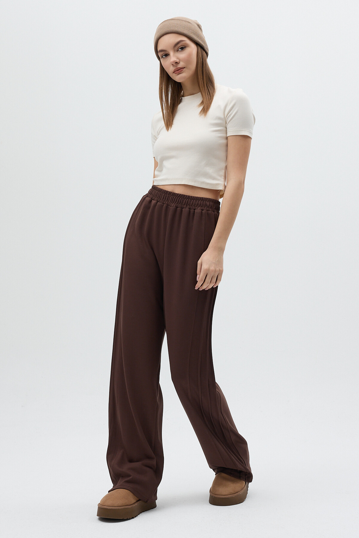 Kahverengi Yan Çimalı Dikiş Detaylı Yüksek Bel Kadın Eşofman Altı 8296A - 7