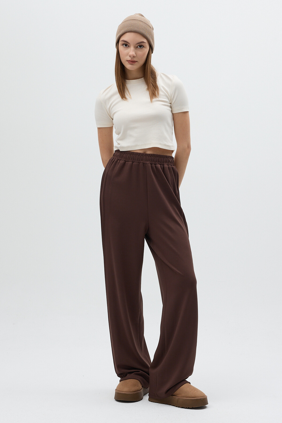 Kahverengi Yan Çimalı Dikiş Detaylı Yüksek Bel Kadın Eşofman Altı 8296A - 6