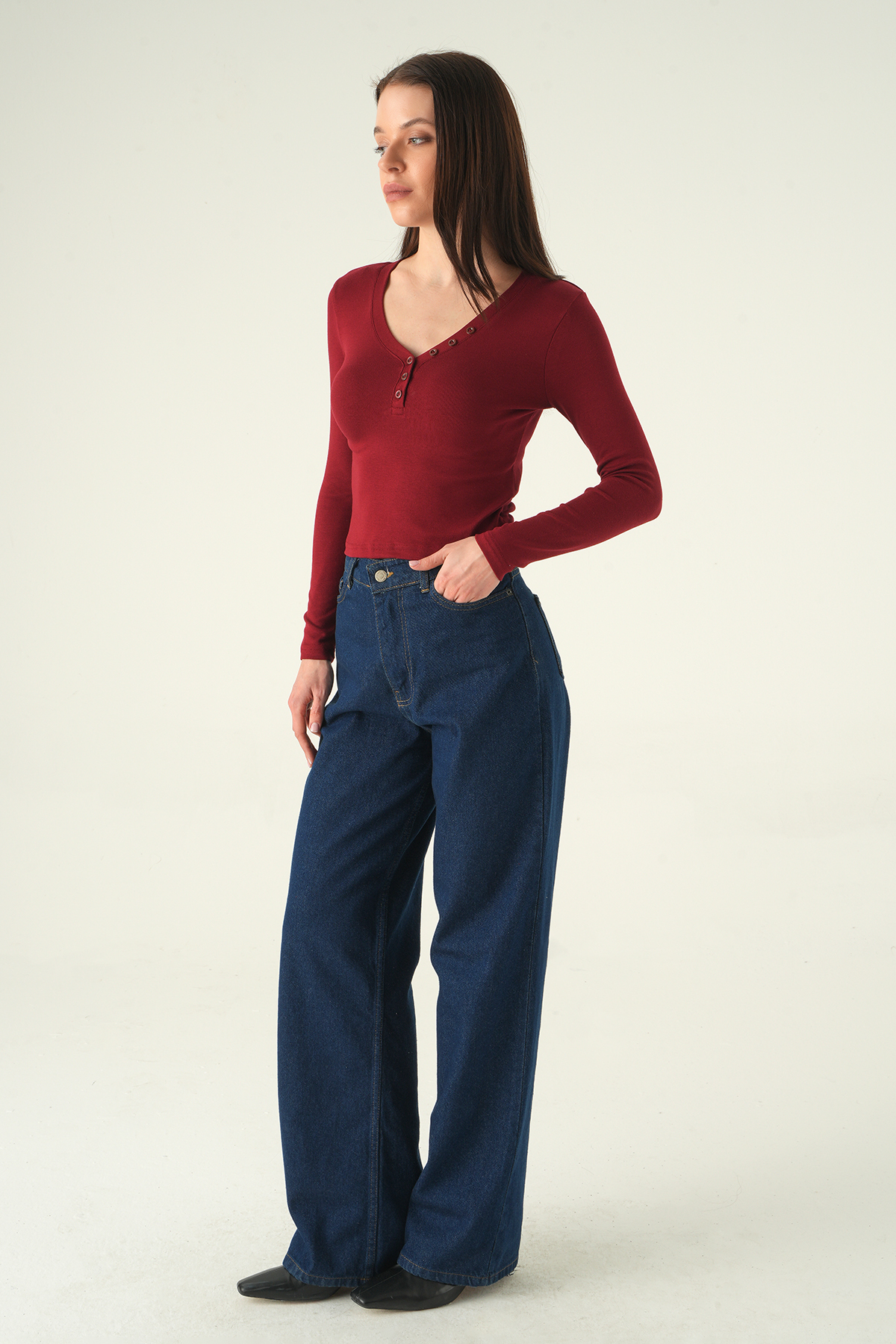 Bordo V Yaka Düğmeli Badi 8299A - 3