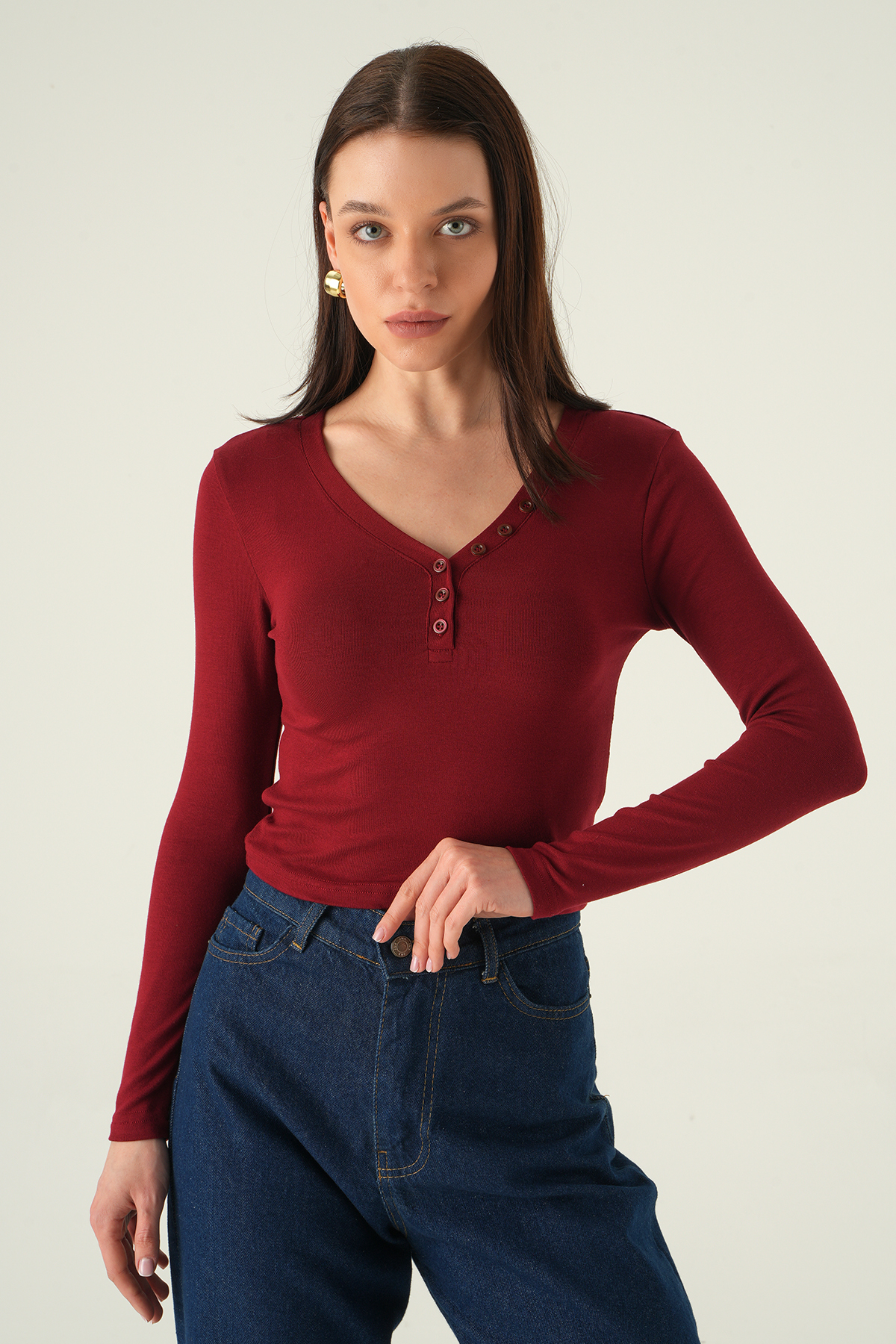 V Yaka Düğmeli Badi 8299A Bordo - 1