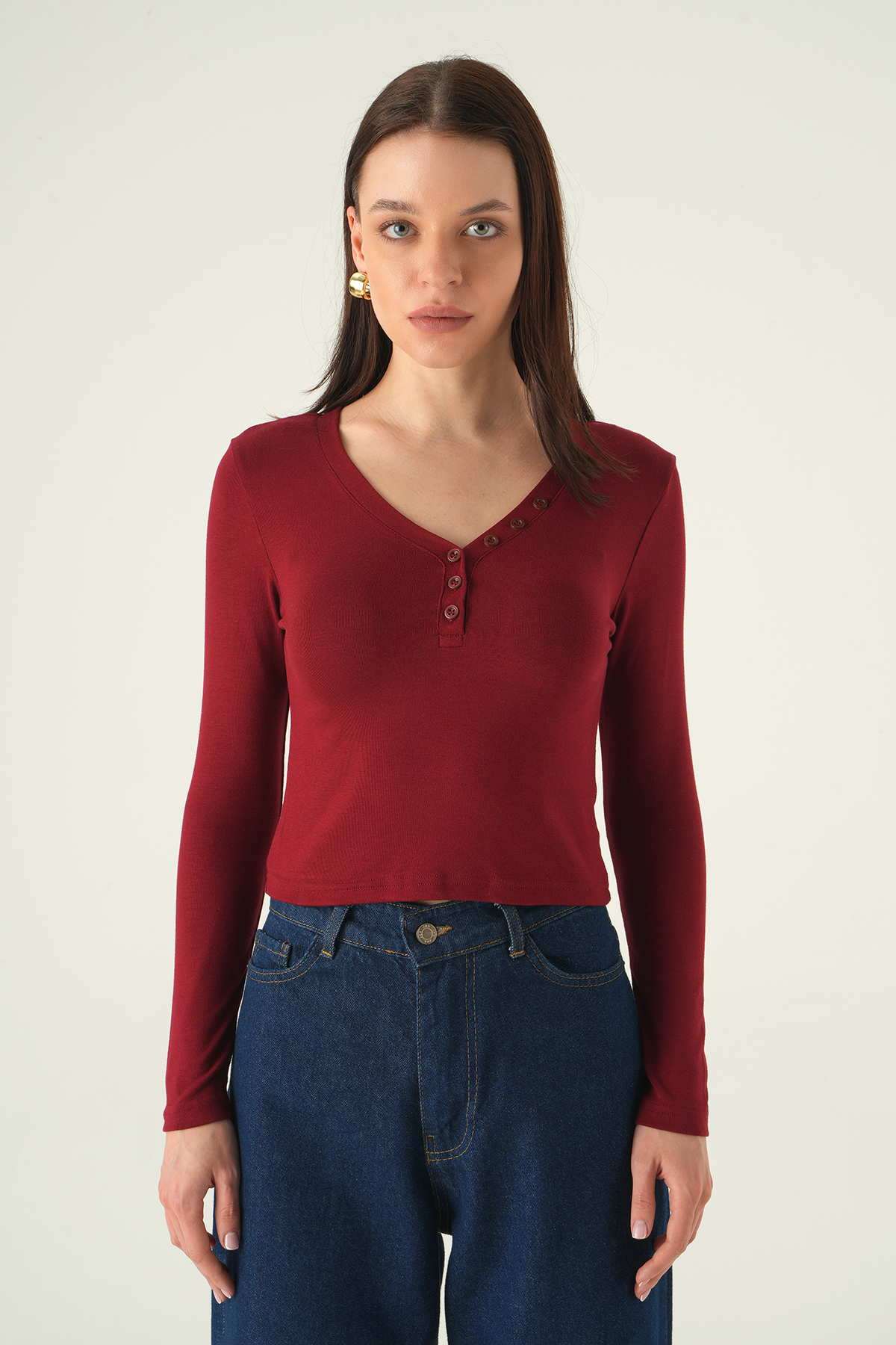 V Yaka Düğmeli Badi 8299A Bordo - 2