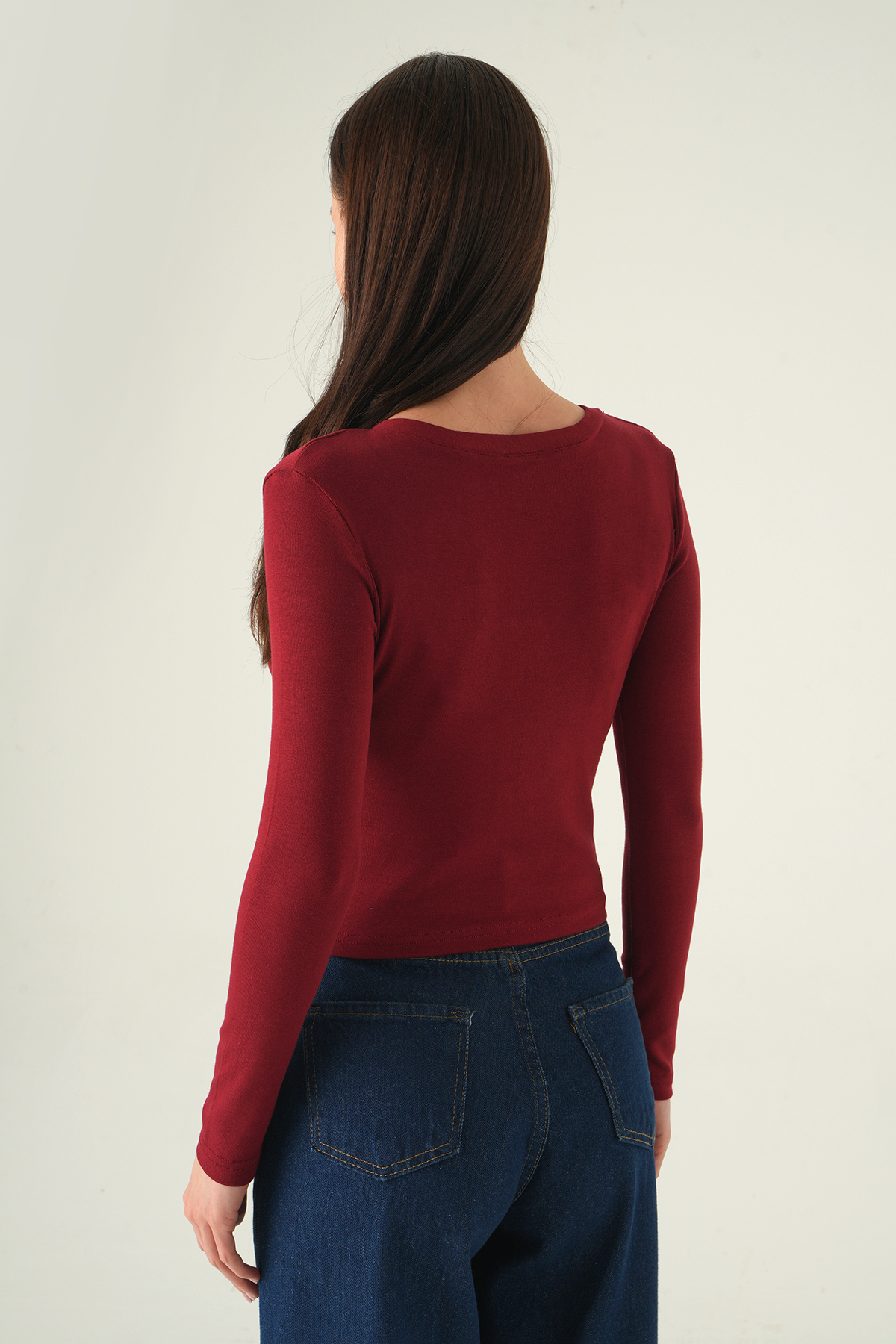 V Yaka Düğmeli Badi 8299A Bordo - 5