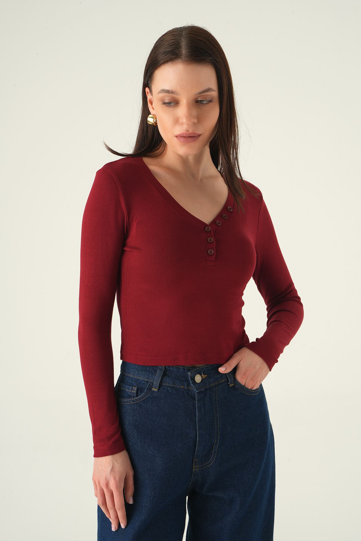 V Yaka Düğmeli Badi 8299A Bordo - 6