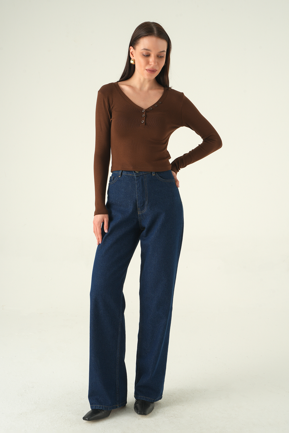 V Yaka Düğmeli Badi 8299A Kahve - RAYS