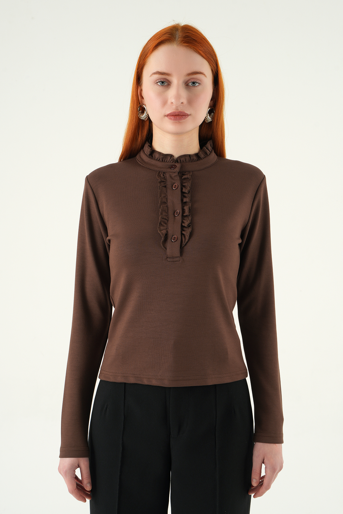 8311A Ön Düğmeli Bluz Kahve - 2