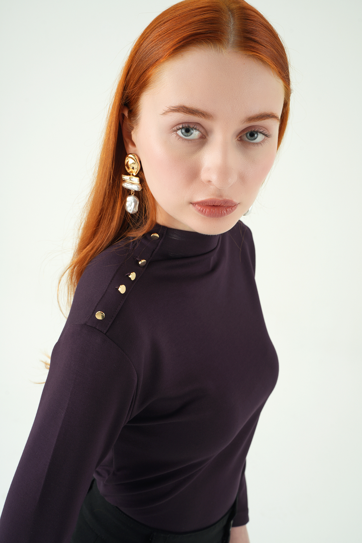 Mürdüm Omuz Düğmeli Bluz 8312A - 1