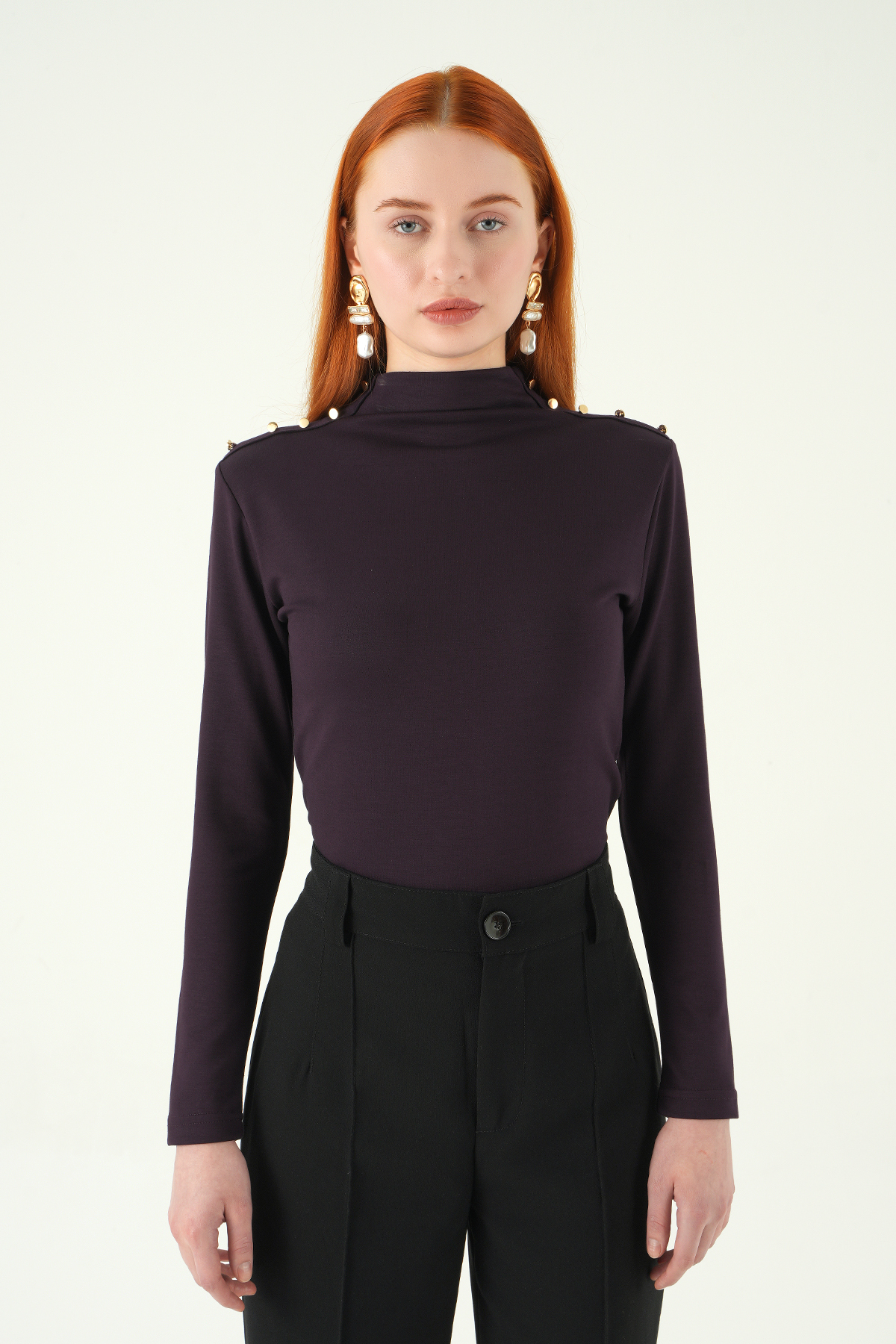 Mürdüm Omuz Düğmeli Bluz 8312A - 2