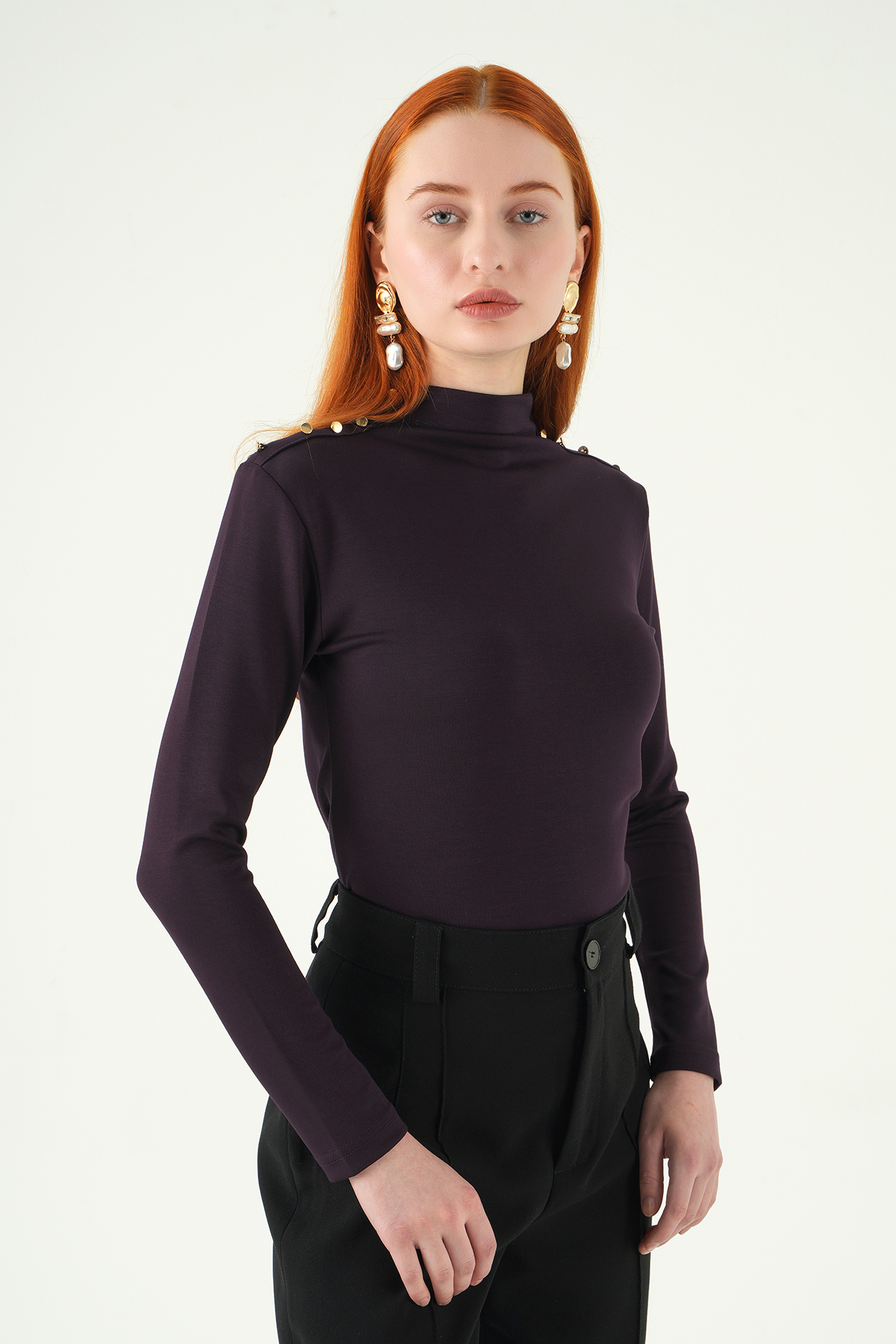 Mürdüm Omuz Düğmeli Bluz 8312A - 6