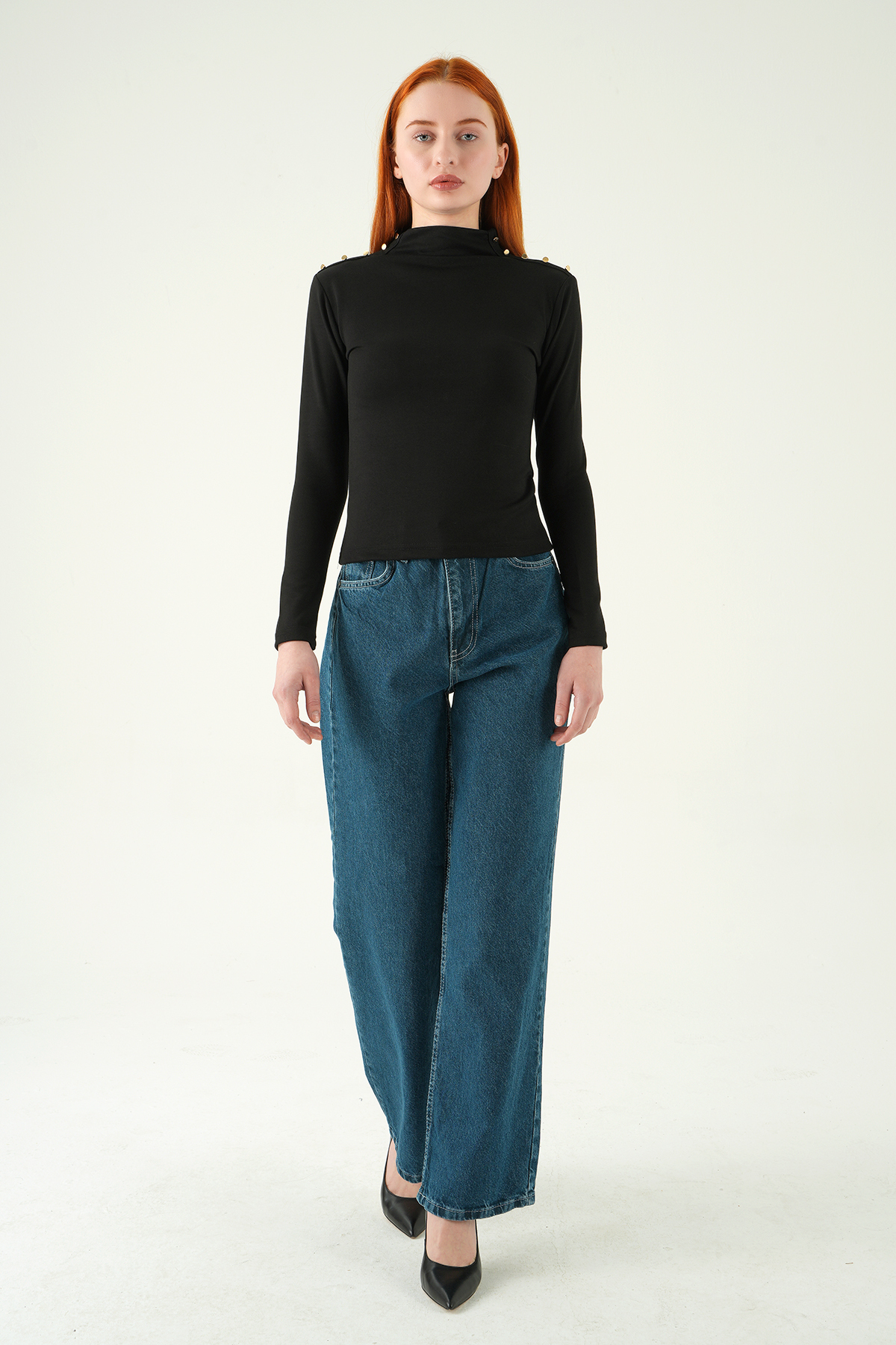 Siyah Omuz Düğmeli Bluz 8312A - 3