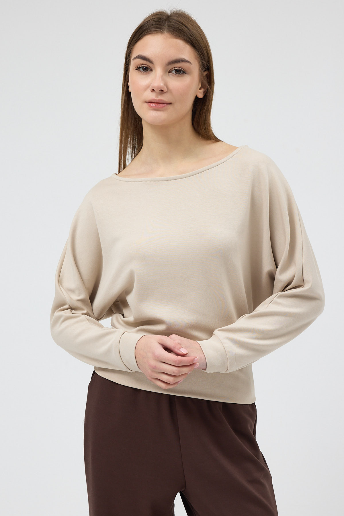 Bej Kayık Yaka Yarasa Kol Büzgülü Bluz 8316A 