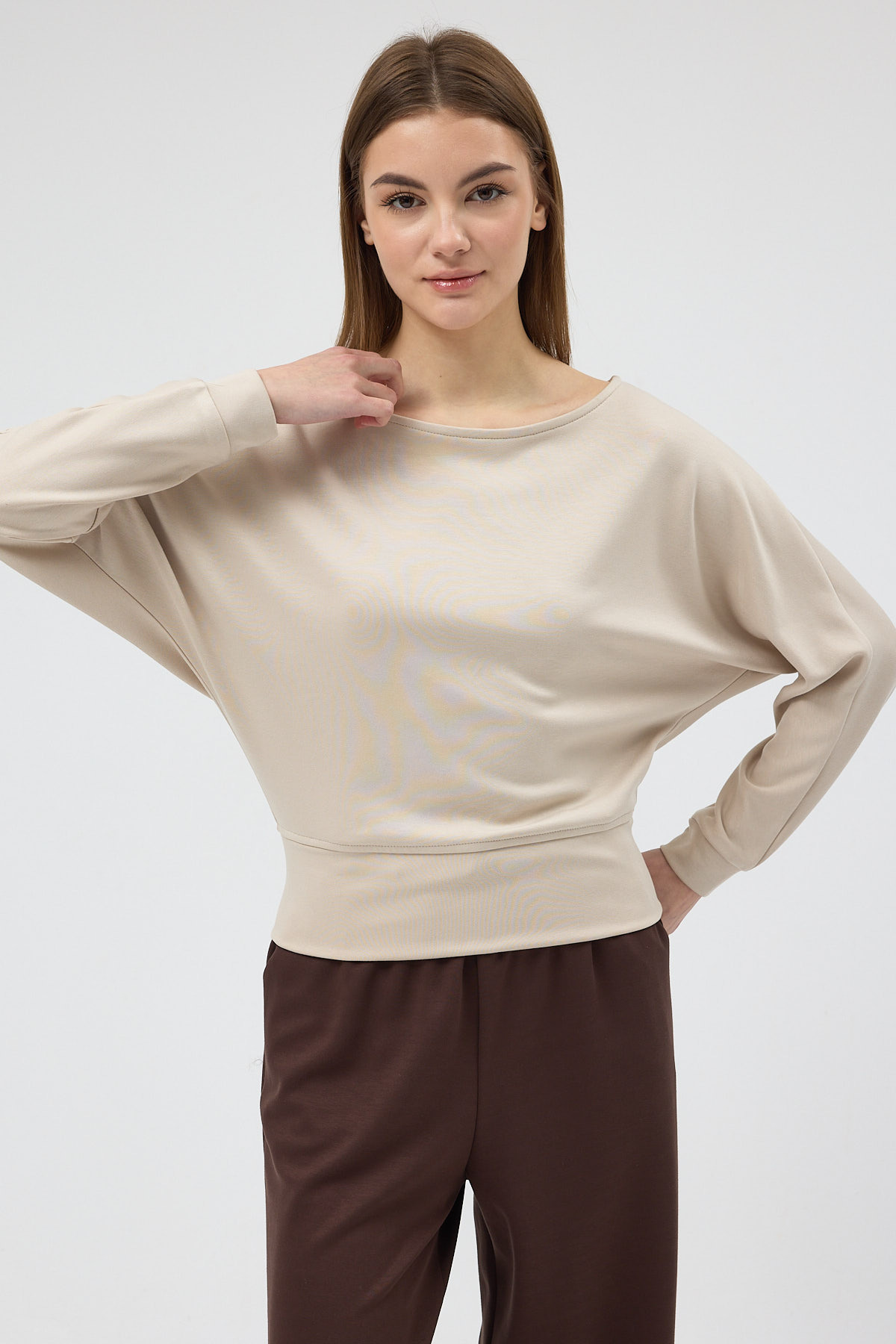 Bej Kayık Yaka Yarasa Kol Büzgülü Bluz 8316A - 6