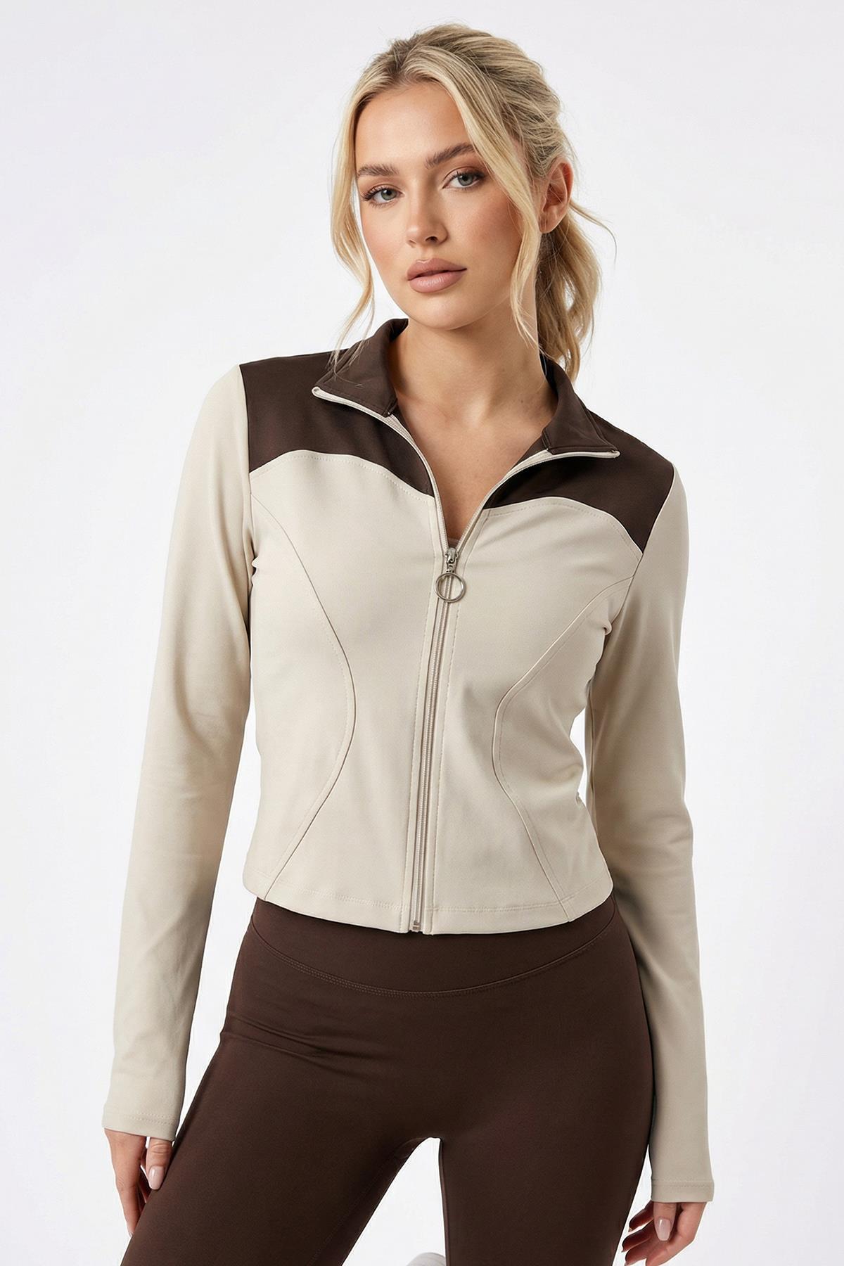 8325A Ön Şeritli Fermuarlı Hırka Bej - 1