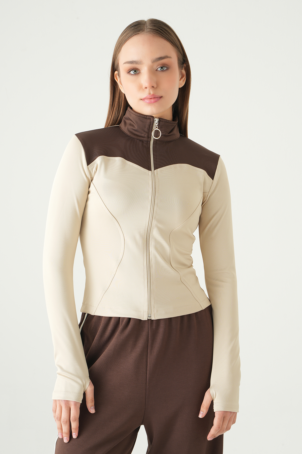 8325A Ön Şeritli Fermuarlı Sweat Bej - RAYS