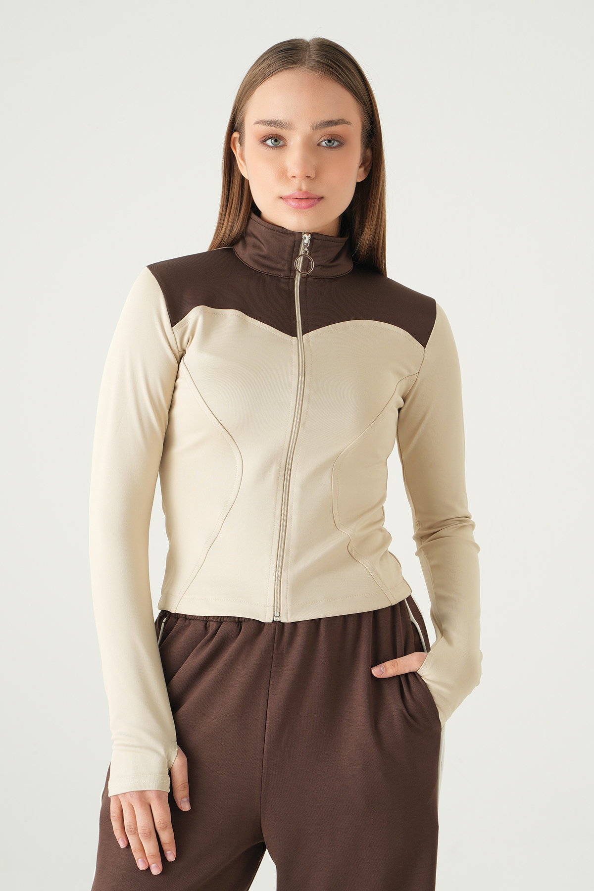 8325A Ön Şeritli Fermuarlı Sweat Bej - RAYS (1)