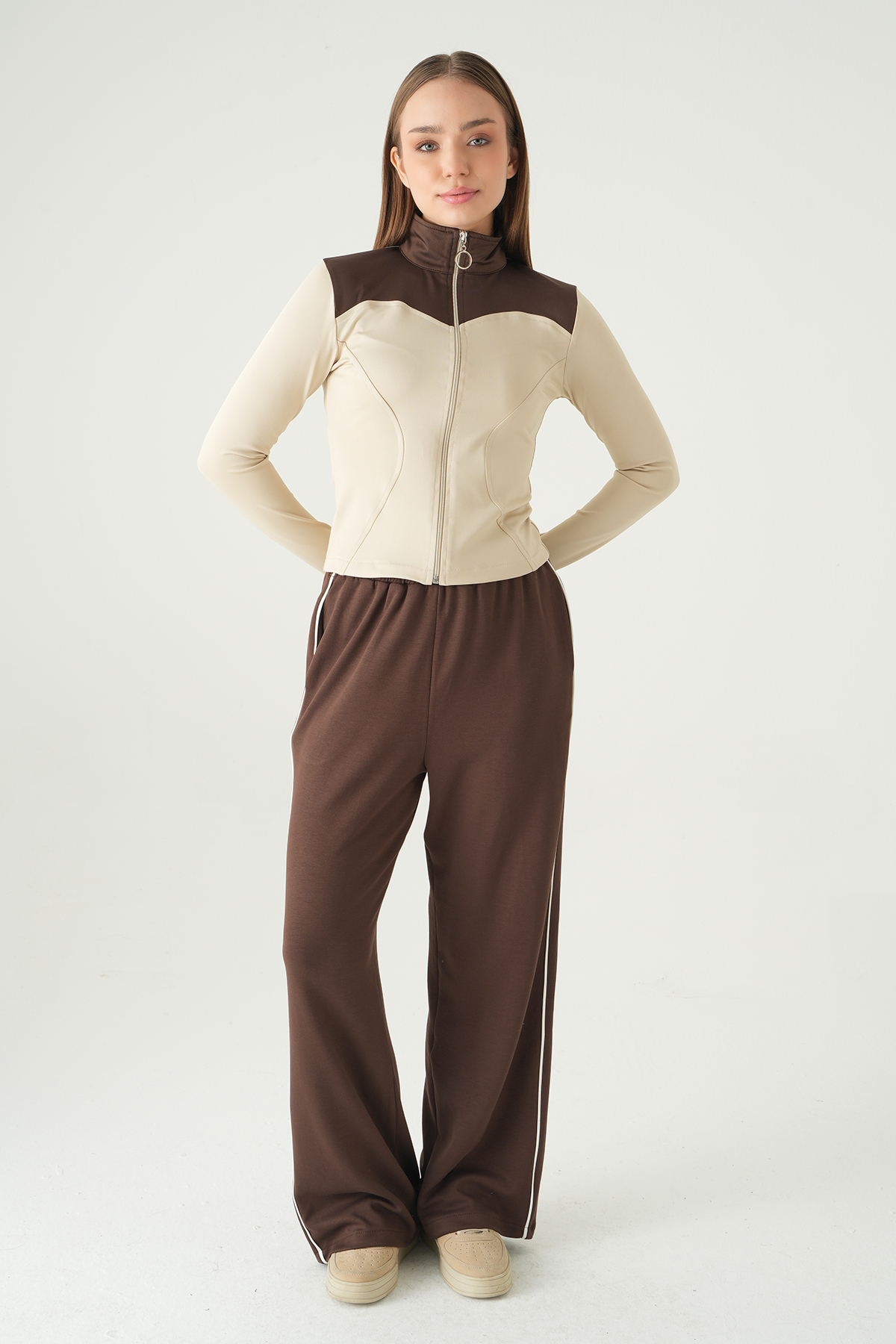 Bej Ön Şeritli Fermuarlı Sweat 8325A - 3