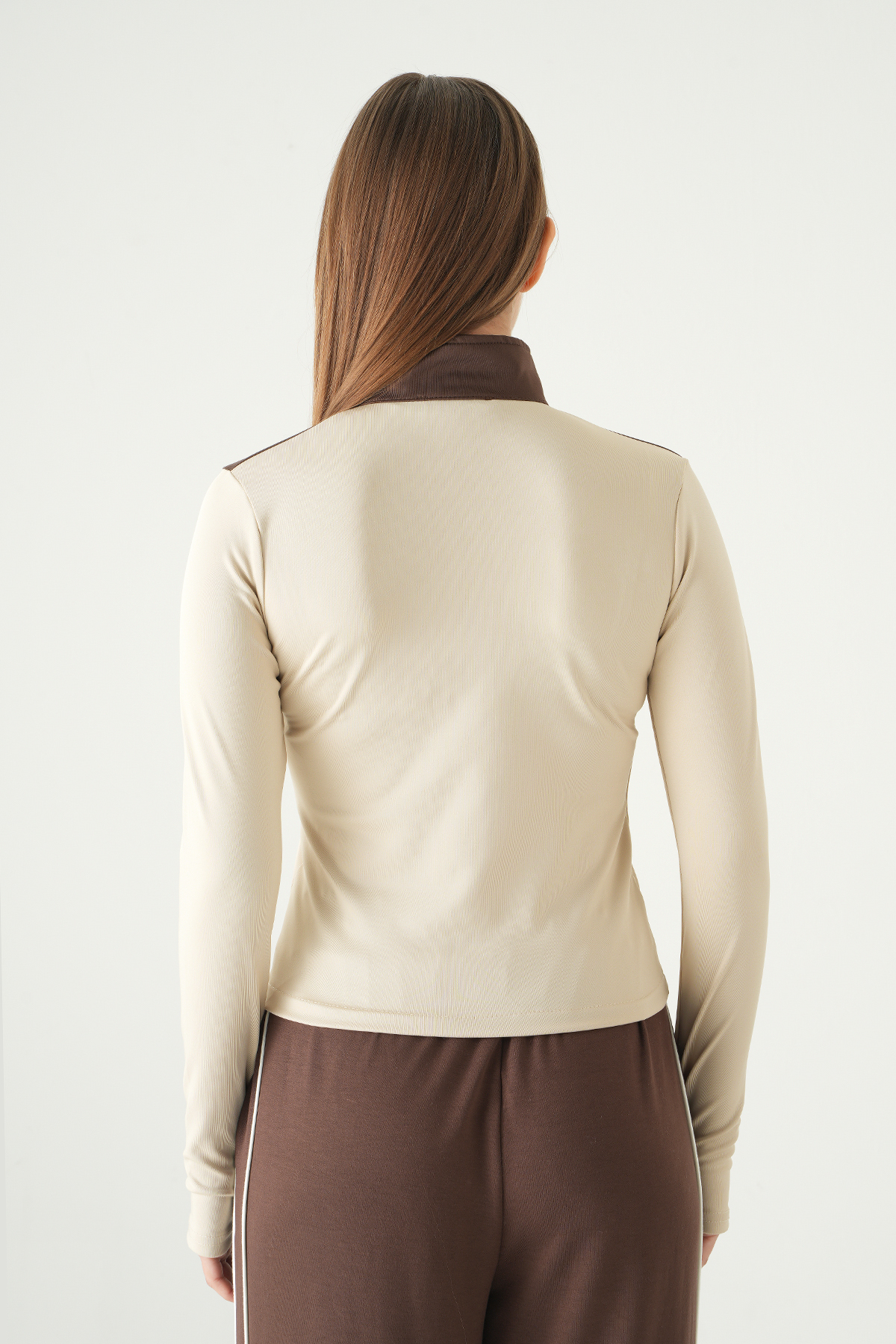 Bej Ön Şeritli Fermuarlı Sweat 8325A - 5