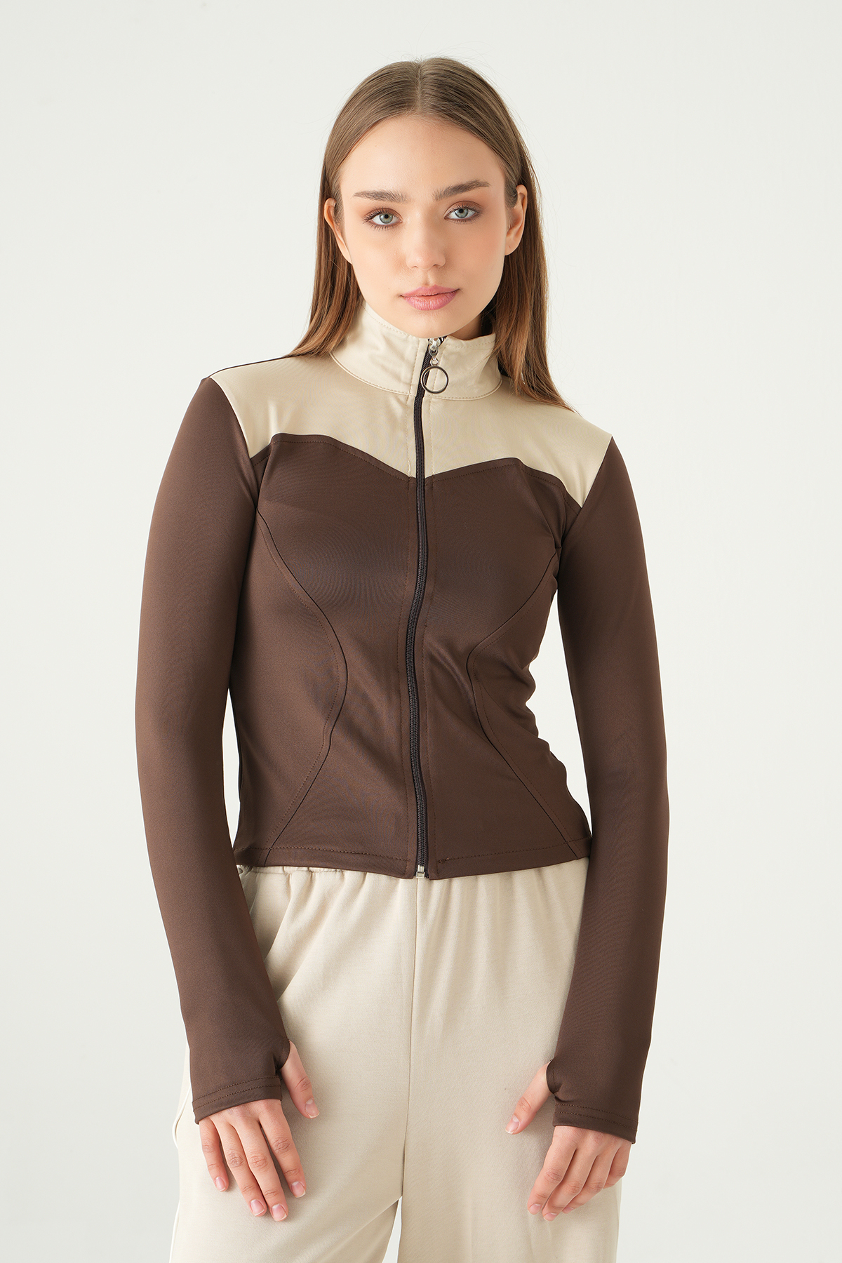 8325A Ön Şeritli Fermuarlı Sweat Kahve - RAYS