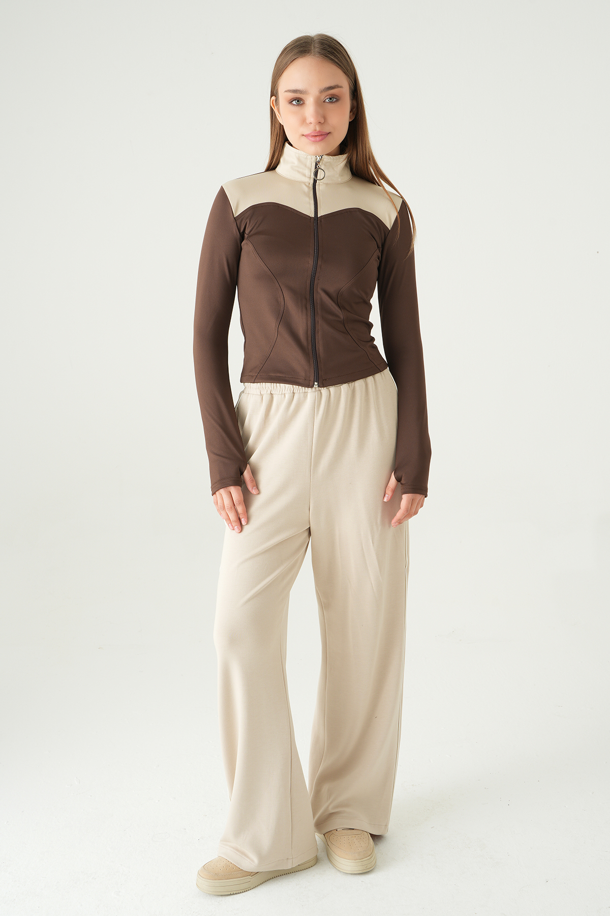 Kahve Ön Şeritli Fermuarlı Sweat 8325A - RAYS