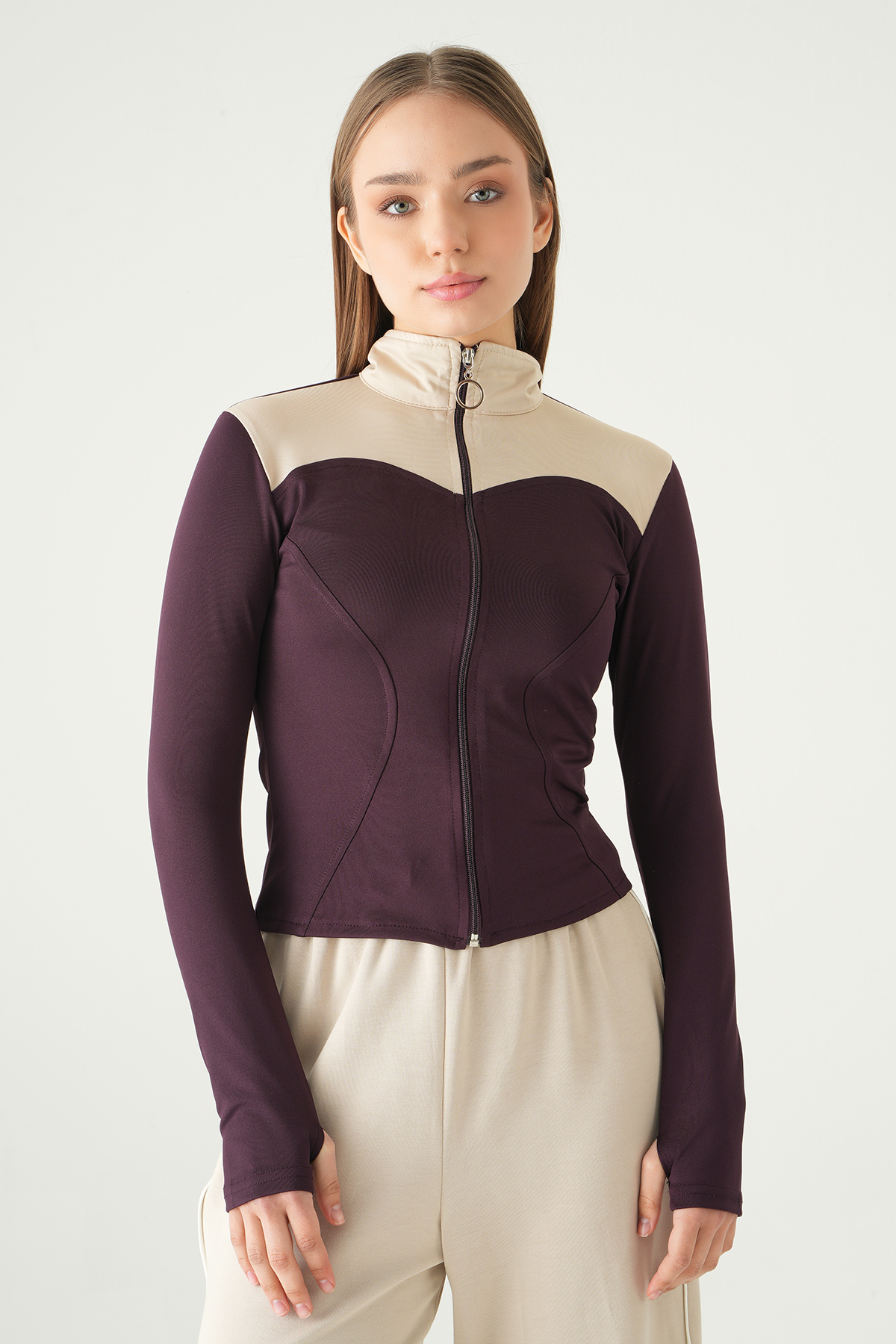 Ön Şeritli Fermuarlı Sweat 8325A Mürdüm - 1