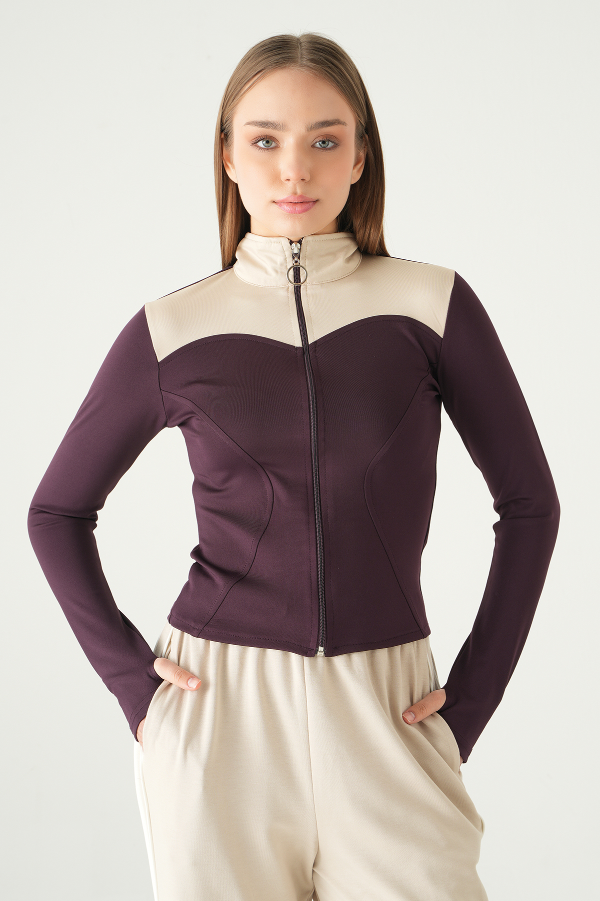 Ön Şeritli Fermuarlı Sweat 8325A Mürdüm - RAYS