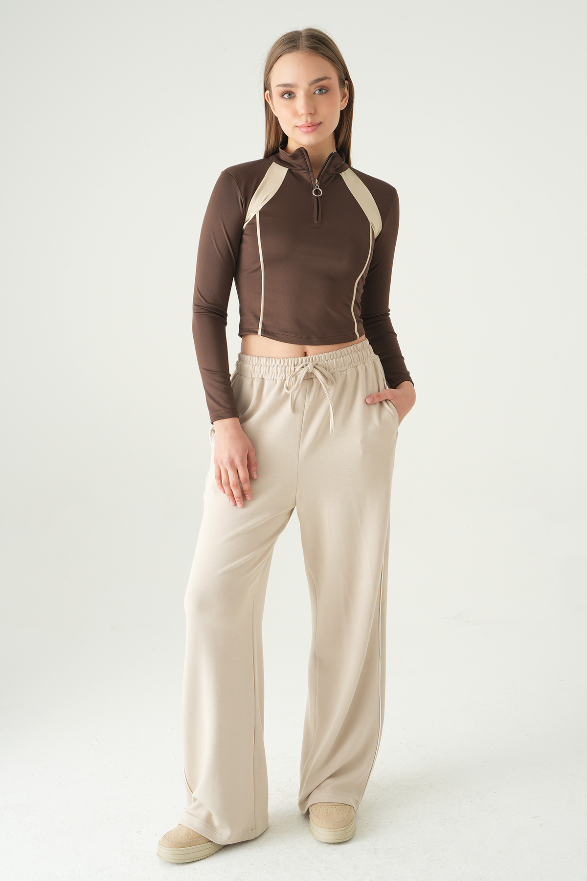 Şeritli Fermuarlı Sweat 8326A Kahve - 3
