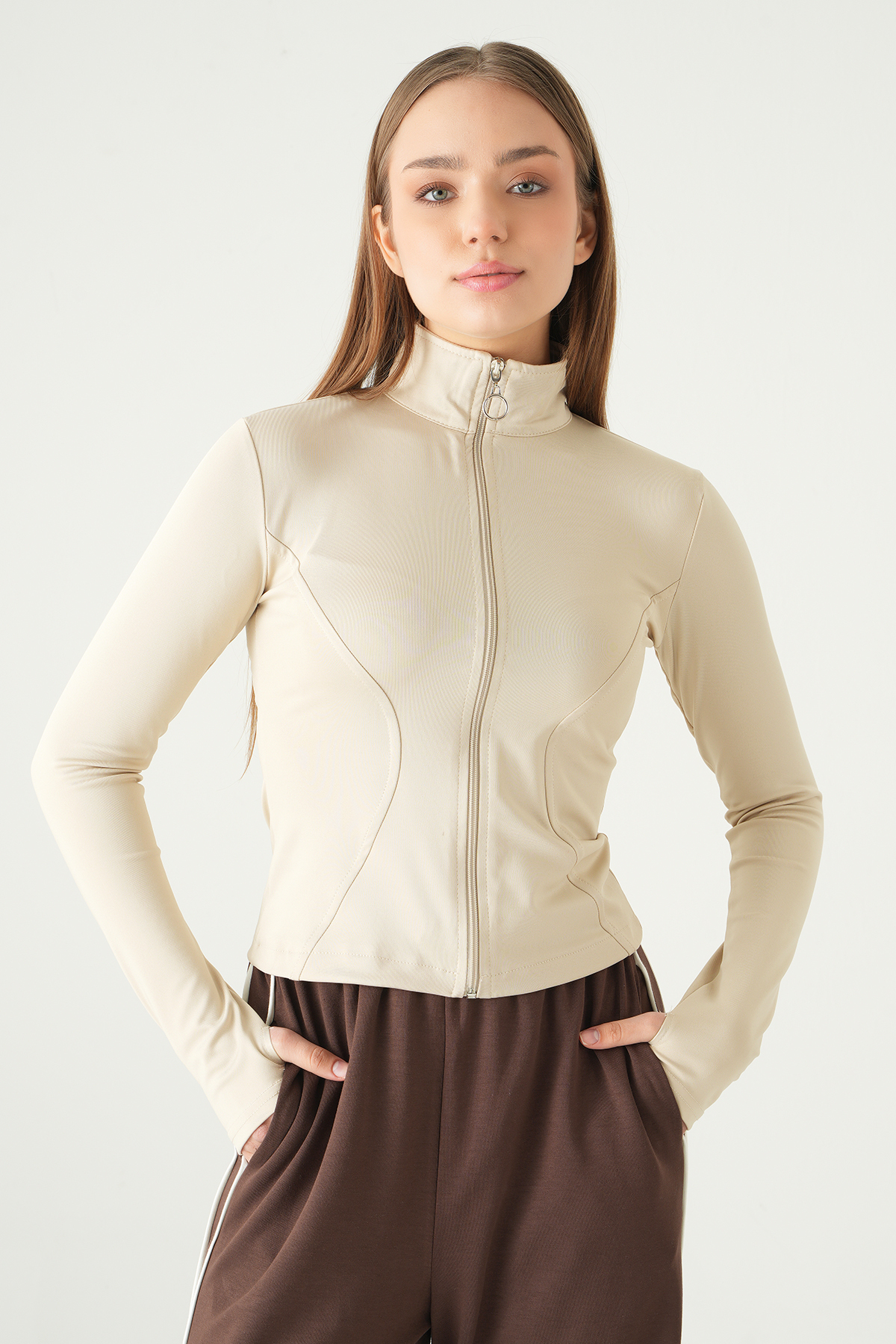 Bej Fermuarlı Hırka 8327A - RAYS